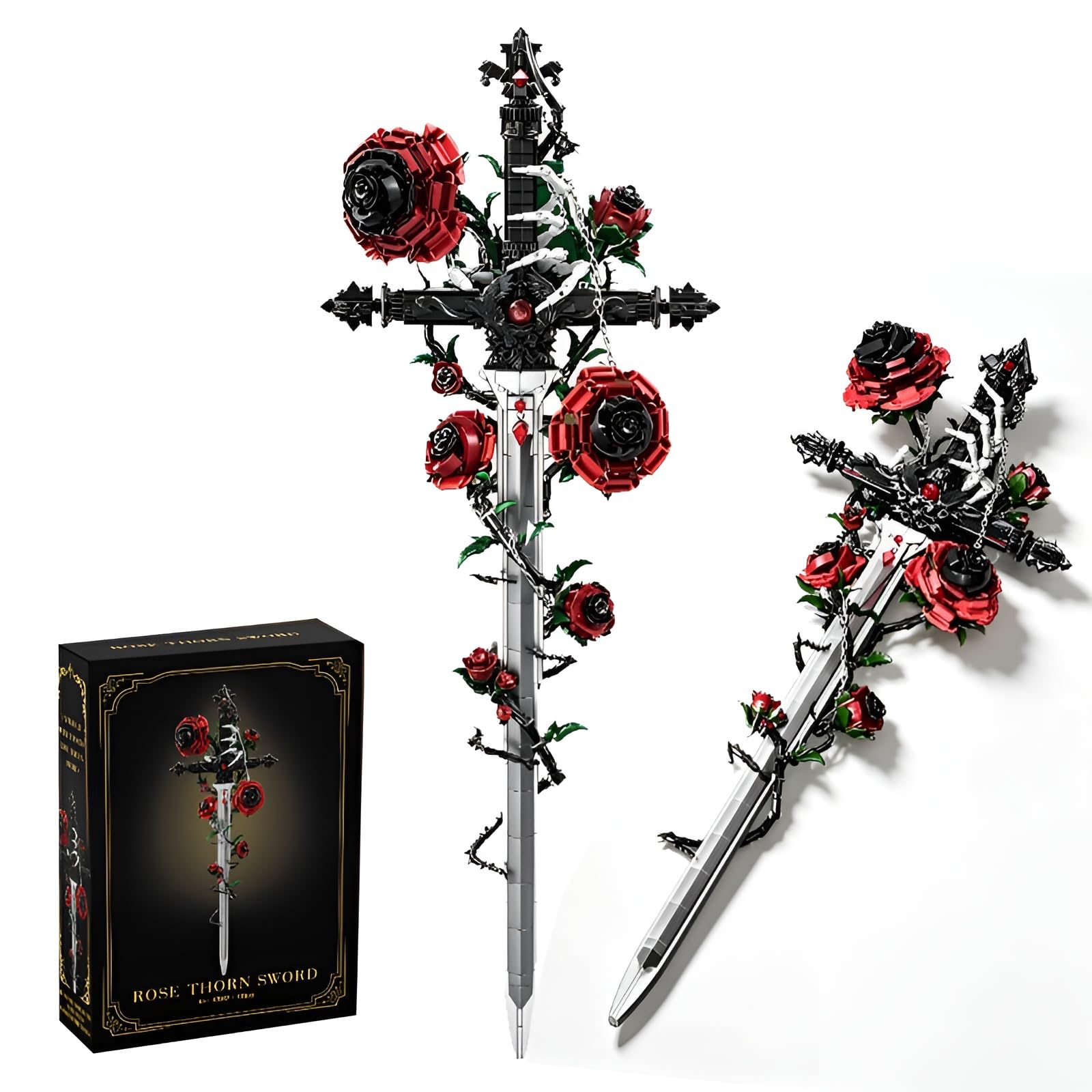DzirePada Gothic Rose Thorn Sword Building Blocks Set, 1150 Pieces Fantasy Decorative Longsword Model, Collectible Display Flower Building Kit for Adults & Teens