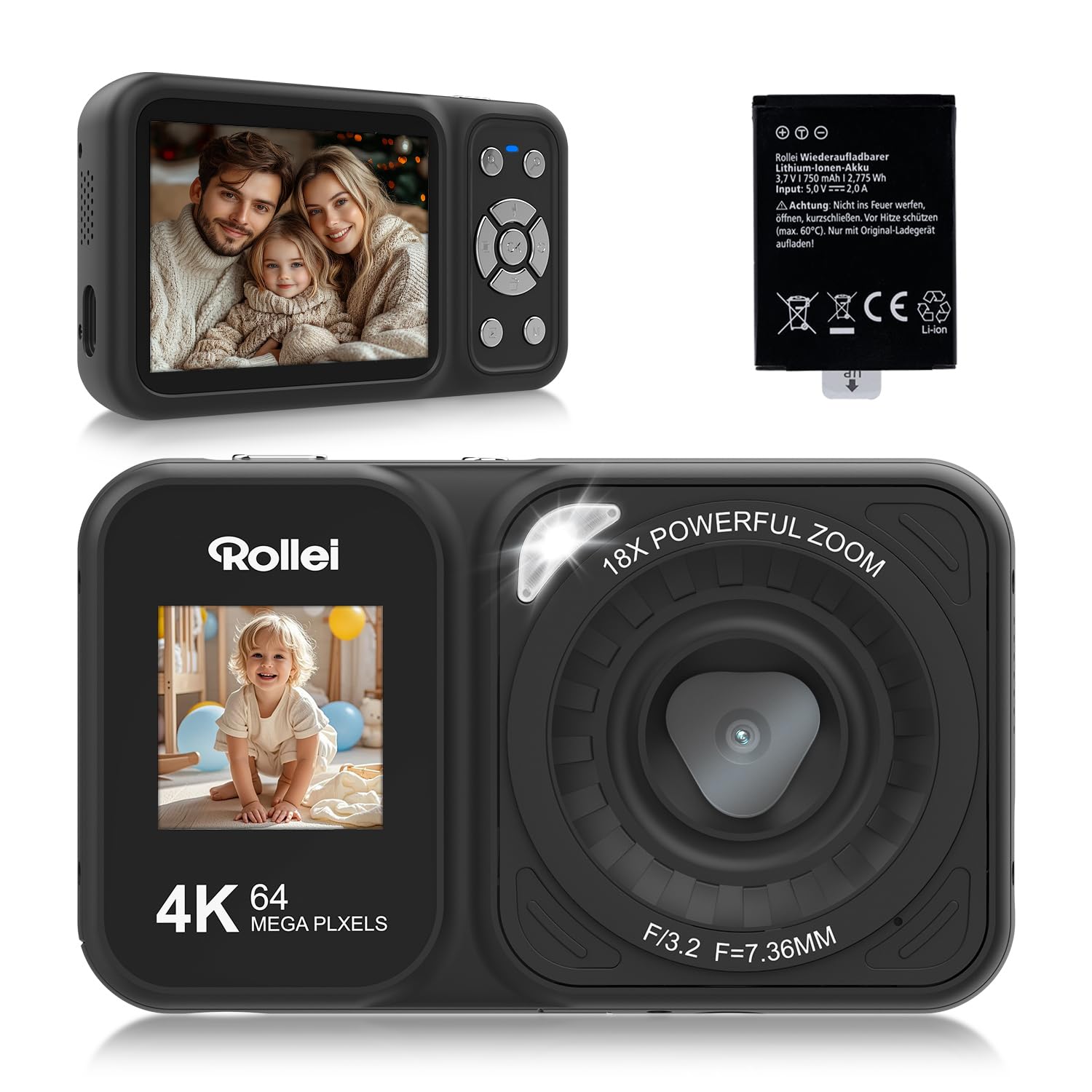 Rollei Compactline 64-krotny aparat cyfrowy z podwójnym ekranem, 64 MP, 4K, autofokus z 18-krotnym zoomem, przenośna kamera do vlogowania do selfie, kompaktowa kamera cyfrowa dla dzieci, nastolatków