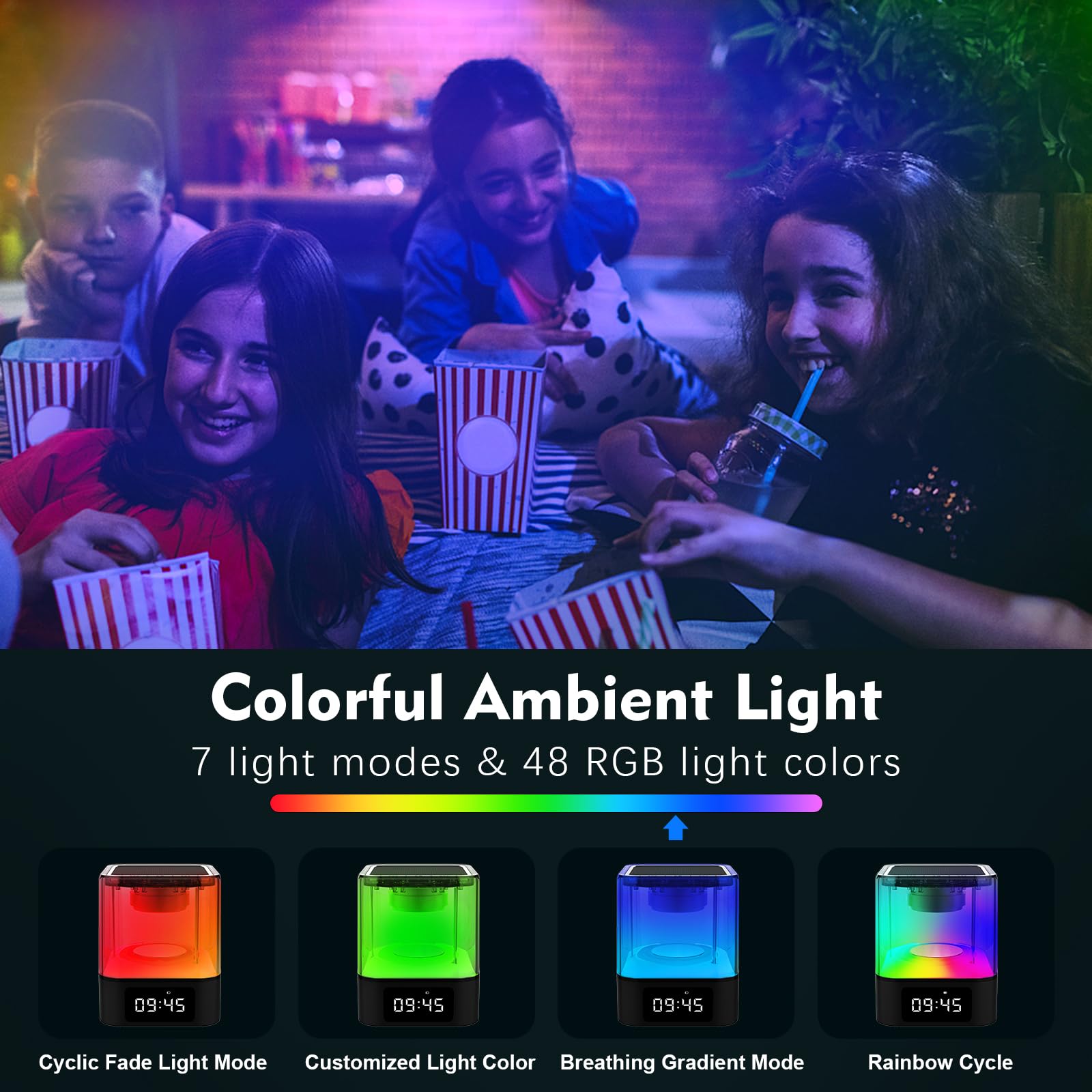 Veilleuse Bluetooth améliorée 2023, double réveil, lecteur MP3, lampe de chevet à capteur tactile, 48 couleurs RVB, idées cadeaux pour adolescents de 10, 11, 12, 13, 14 ans
