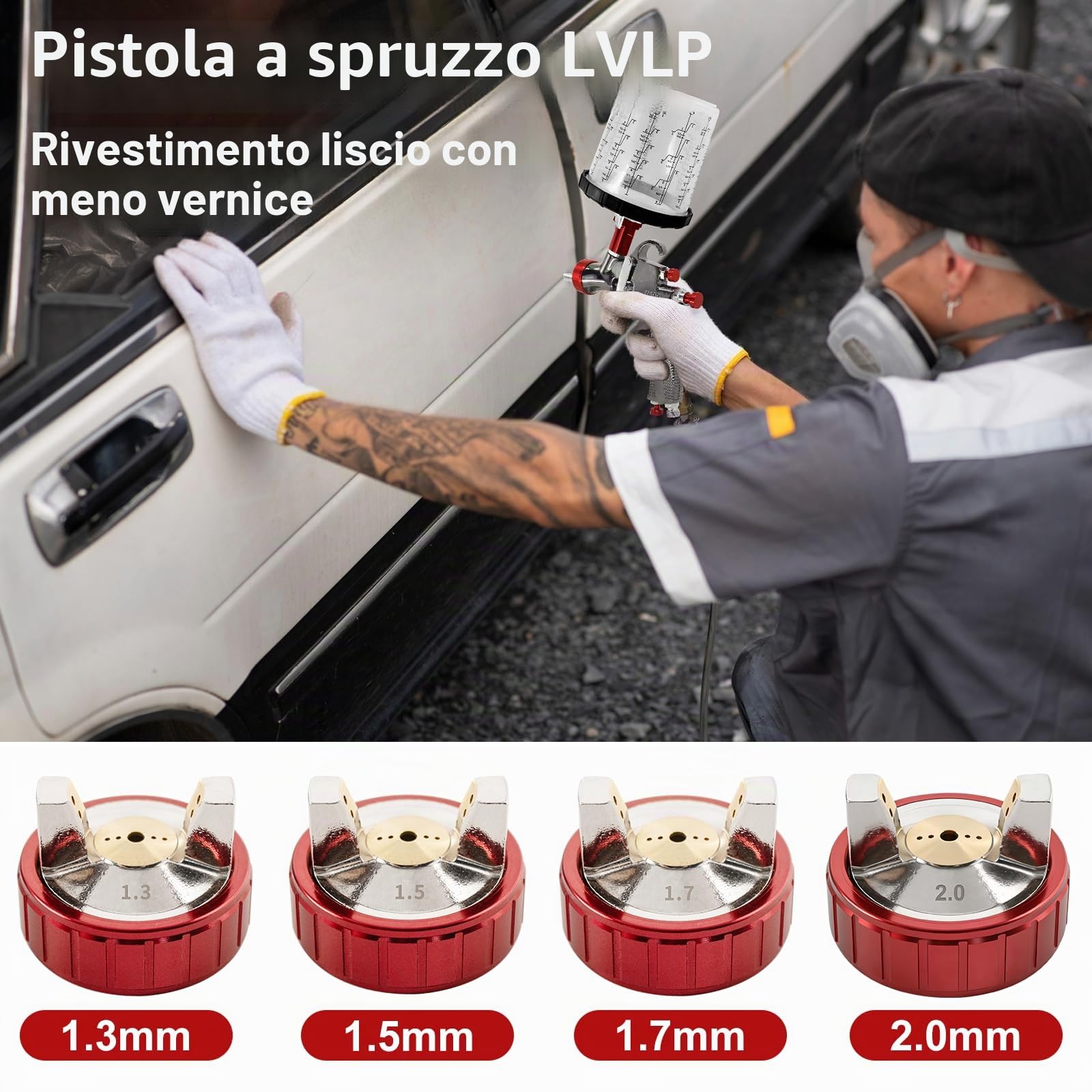 R500 LVLP - Pistola a spruzzo per verniciatura ad aria compressa con 3 ugelli da 1,3/1,5/1,7 mm, pistola a colori per auto e casa, pittura fai da te, con accessori a spruzzo, facile da usare