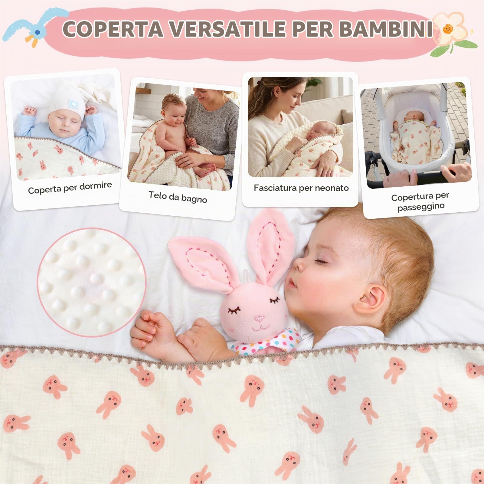Regalo neonato, set regalo per ragazze, libro sensoriale, coperta, calzini fasciatoio, sonaglio, bavaglini, biglietti miliari, regalo per la nascita, baby shower (tema rosa coniglio)