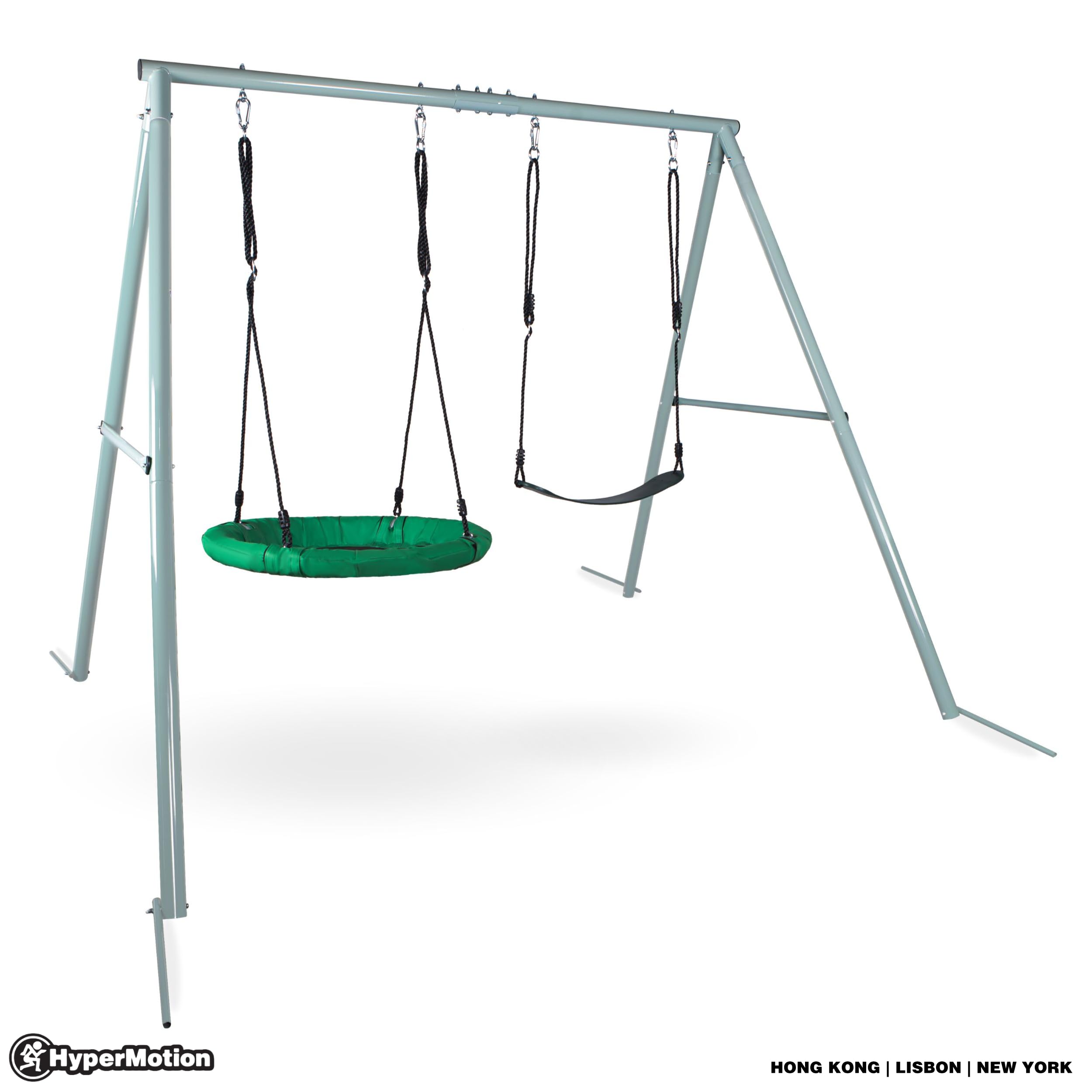 HyperMotion Columpio Infantil Doble para Jardín Exterior - Asiento y Nido de Cigüeña Ajustable con Estructura en A - para 2-3 Niños, Carga 200kg, Resistente UV