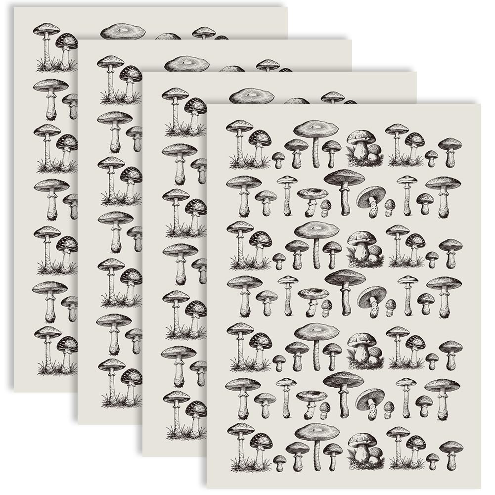 PRESSINART 4Pcs Underglaze Transfer Paper for Pottery Mushroom 21 x 15 Inch, Ceramic Transfer Sheets Black Plants Pattern Waterslide Decals for DIY Enamel Decoration Handcrafted Gifts