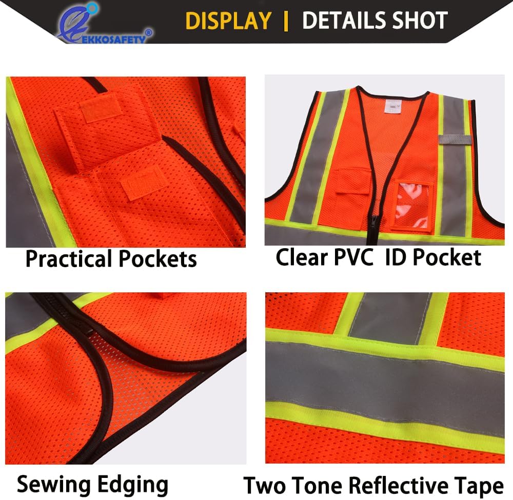 Safety Vest for Men Women Reflective with 5 Pockets and Zipper Front Mesh High Visibility Vest Hi Vis Construction Work Vest,Meets ANSI/ISEA Standards(EK175-Orange-S) thumbnail