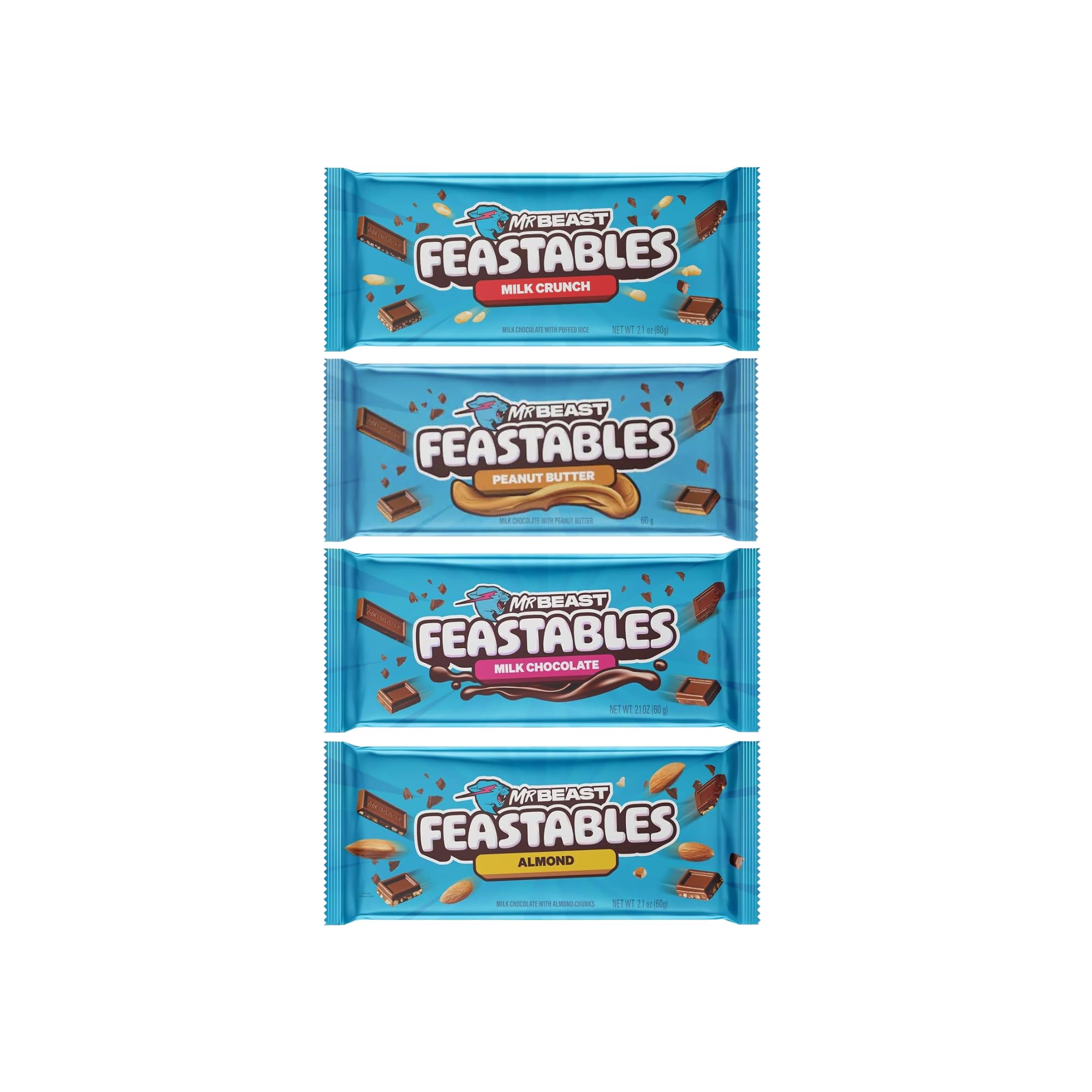Mr Beast Feastable Chocolate Bar Mix Bundle - x1 Milk Chocolate, x1 Almond Milk Chocolate, x1 Milk Crunch, x1 Peanut Butter - 4 x 60g Bars