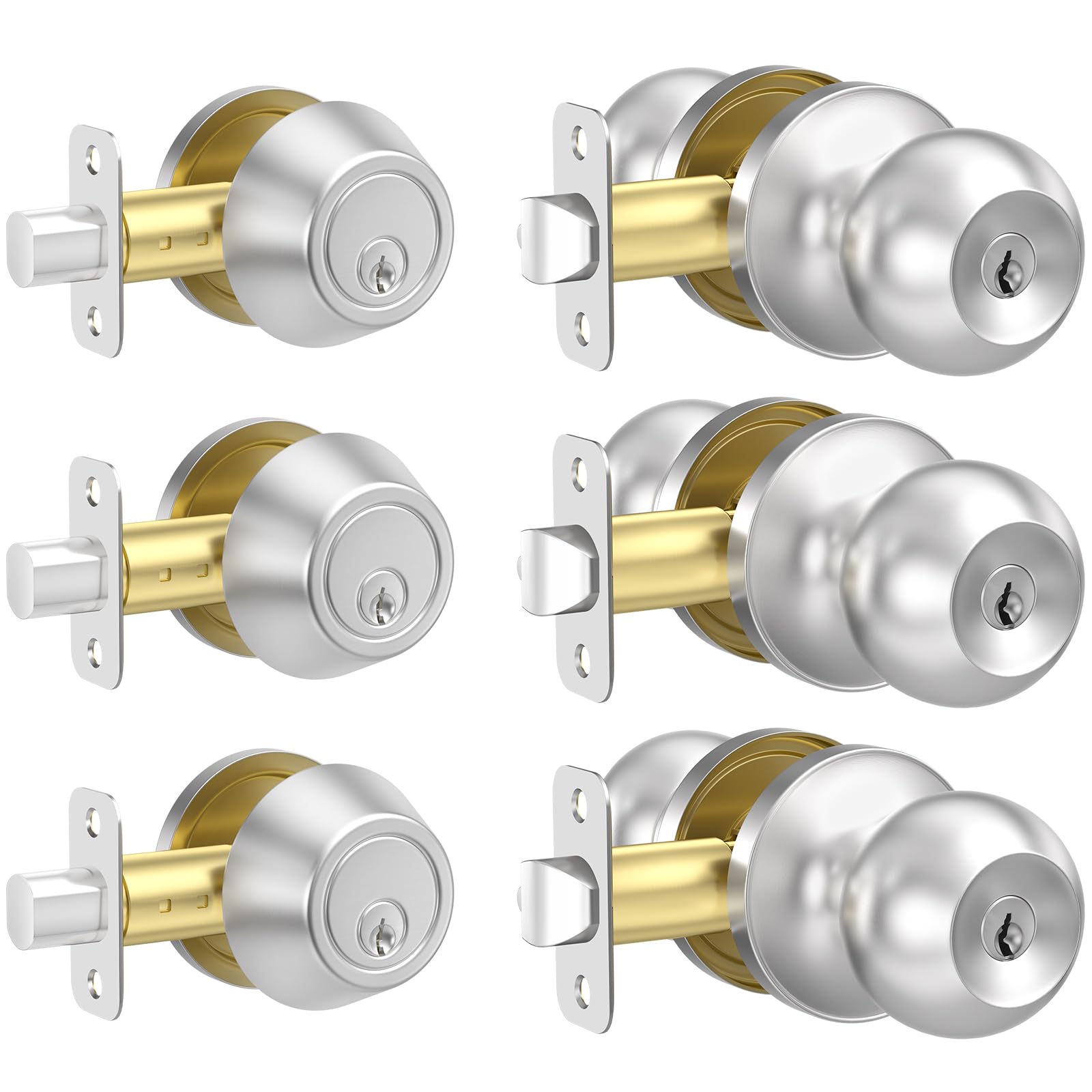 Estmoon Satin Nickel Door Lock Set - 3 Pack Secure Front Door -1