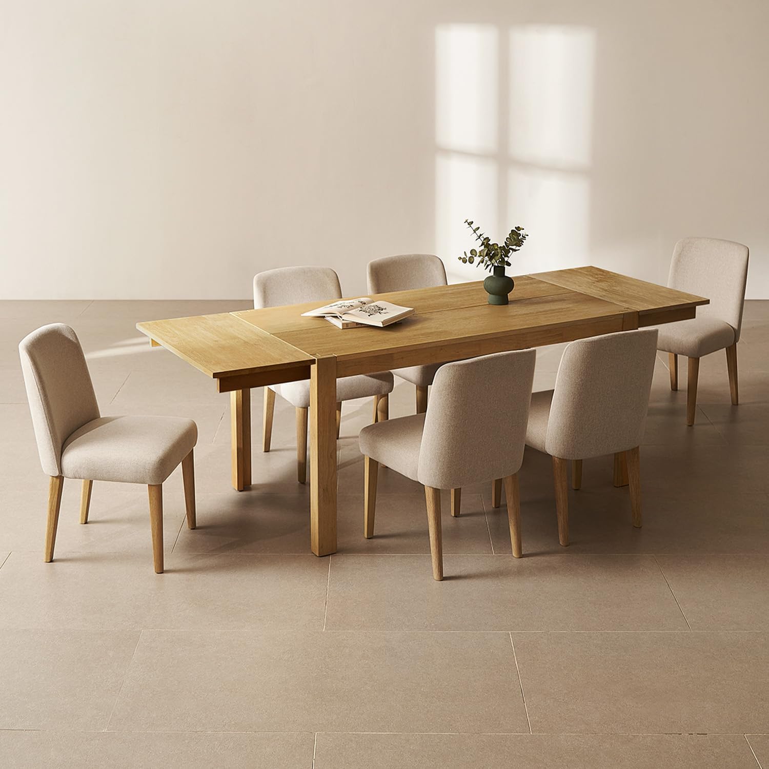 mopio Logan 7 Piece 6 Seater Upholstered Extendable Dining Table Set Beige Dining Chair Set of 6, Modern Farmhouse Solid Wood 7 Piece 91" for Dining Room Kitchen