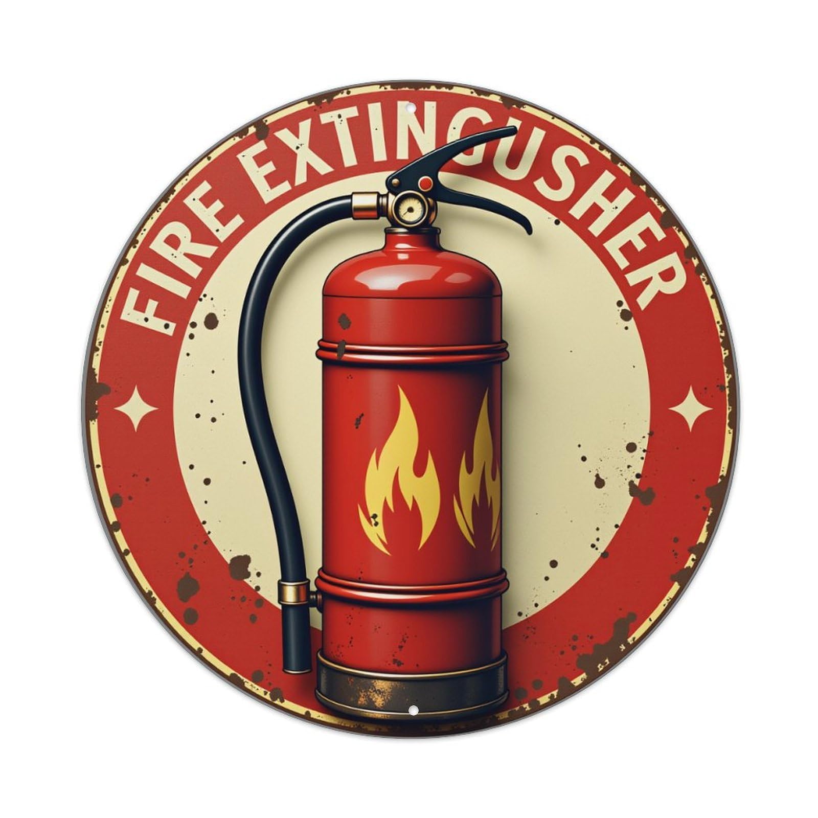 Fire Extinguisher Red Flame Design Round Tin Sign Vintage Metal Poster Retro Bar, Home, Man Cave, Kitchen, Laundry Room Wall Art Decor Gift 8x8Inch