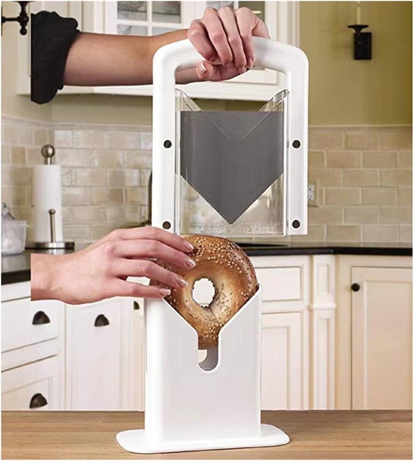 Adjustable Bagle Slicer with Safety Guard – Stainless Steel Blade for Even Cuts, Crumb Catcher, Dishwasher Safe