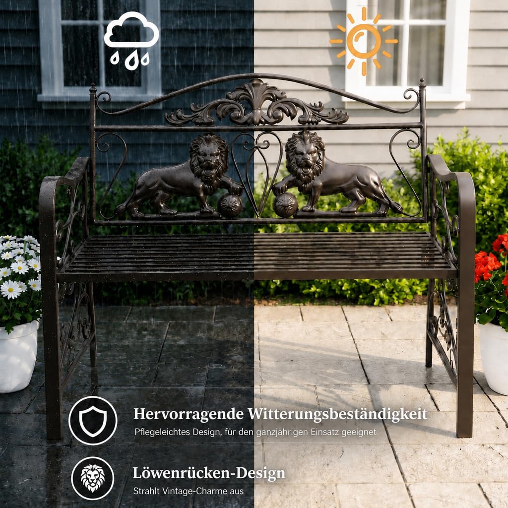 Gartenbank Metall, wetterfeste Parkbank, Ruhebank für 2-3 Personen, Vintage Sitzbank mit Löwen-Design und Rücken- & Armlehnen, für Garten, Balkon, Terrasse, Veranda & Hof – einfache Montage
