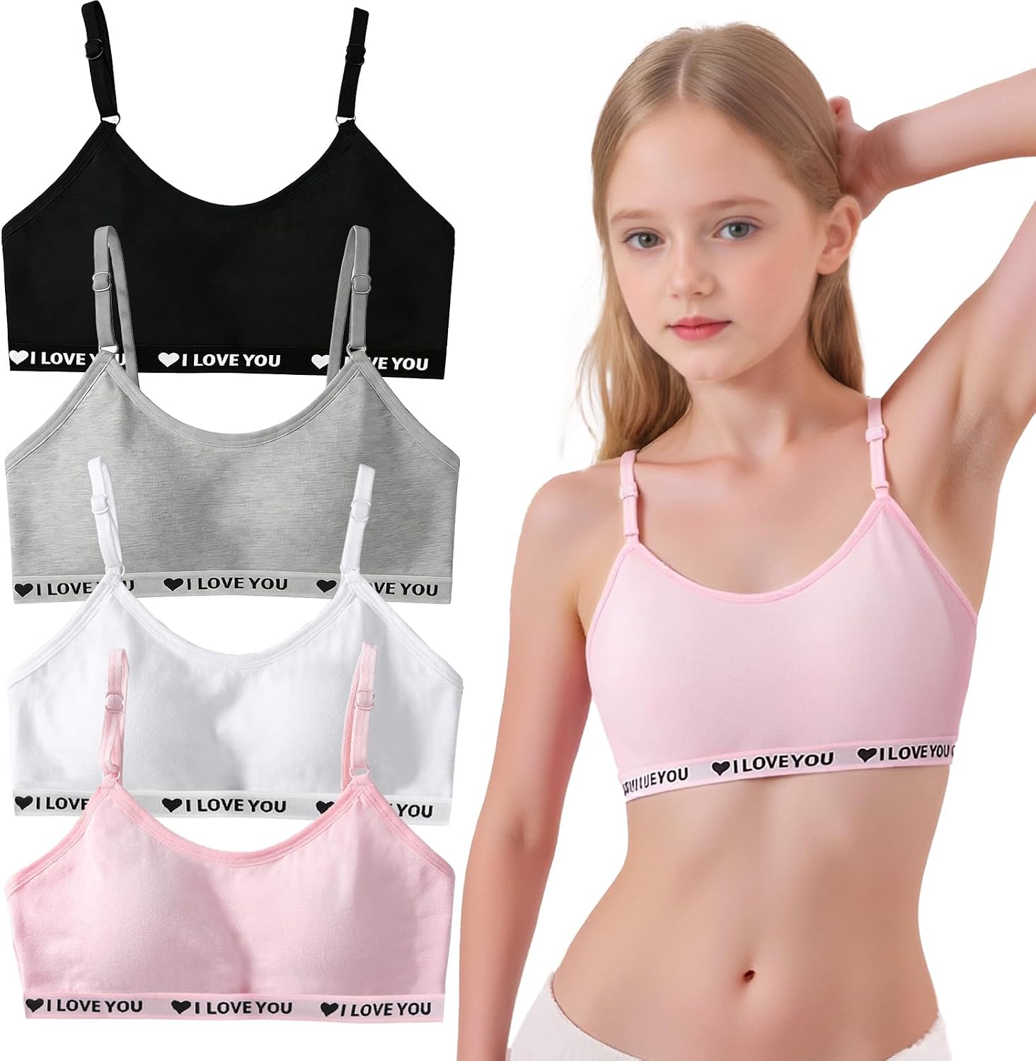 4-Pack Girls’ Cotton Training Tops – Wire-Free Sports Bra with Three-Row Two-Hook Back, Comfortable Fit 10–18