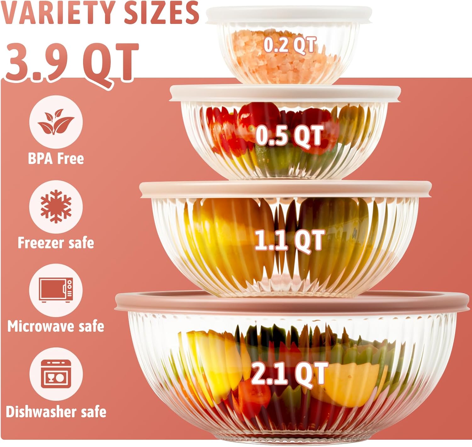 Freshmage Glass Mixing Bowls with Lids Sets, 4 Packs Glass Bowls with Lids for Kitchen Baking, Meal Prepping and Salad, Bpa Free and Dishwasher Safe Serving Bowls, 0.2/0.5/1.1/2.1 - Image 2