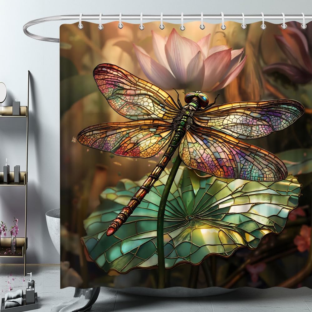 Fantasy Dragonfly Shower Curtain Stained Glass Lotus Flower Waterlily Pink Floral Green Leaves Lake Asian Rustic Wildflower Bathroom Polyester Curtains Set with Hooks 70x84 Inch