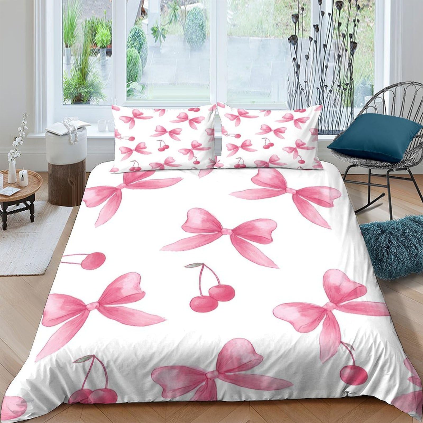Ctjqhvkz Style-9 3D Printed Pink Bow Fitted Sheet Microfiber Cherry Bed Cover Anti-Slip Machine Washable Decor For Bedroom Guest Room Single（135X200cm）