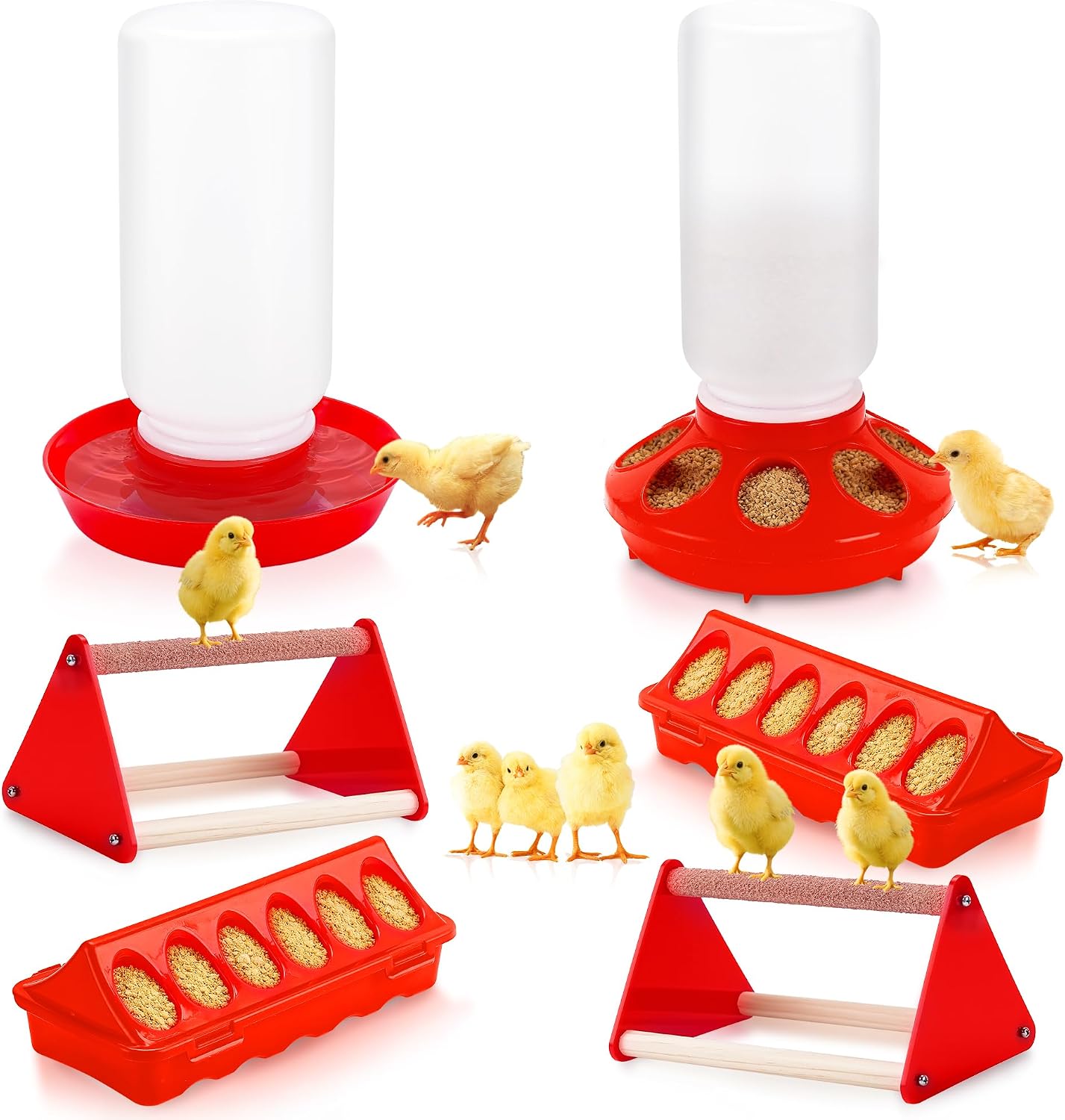Leadinor Chicken Feeder Waterer Kit with Perch - Chick Starter Set for 36+ Chicks, BPA-Free Durable Poultry Supplies