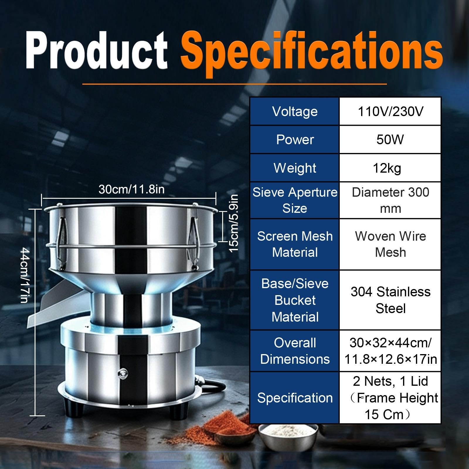 Tamis Vibreur Électrique INOX 304 pour Farine et Pâtisserie Pro