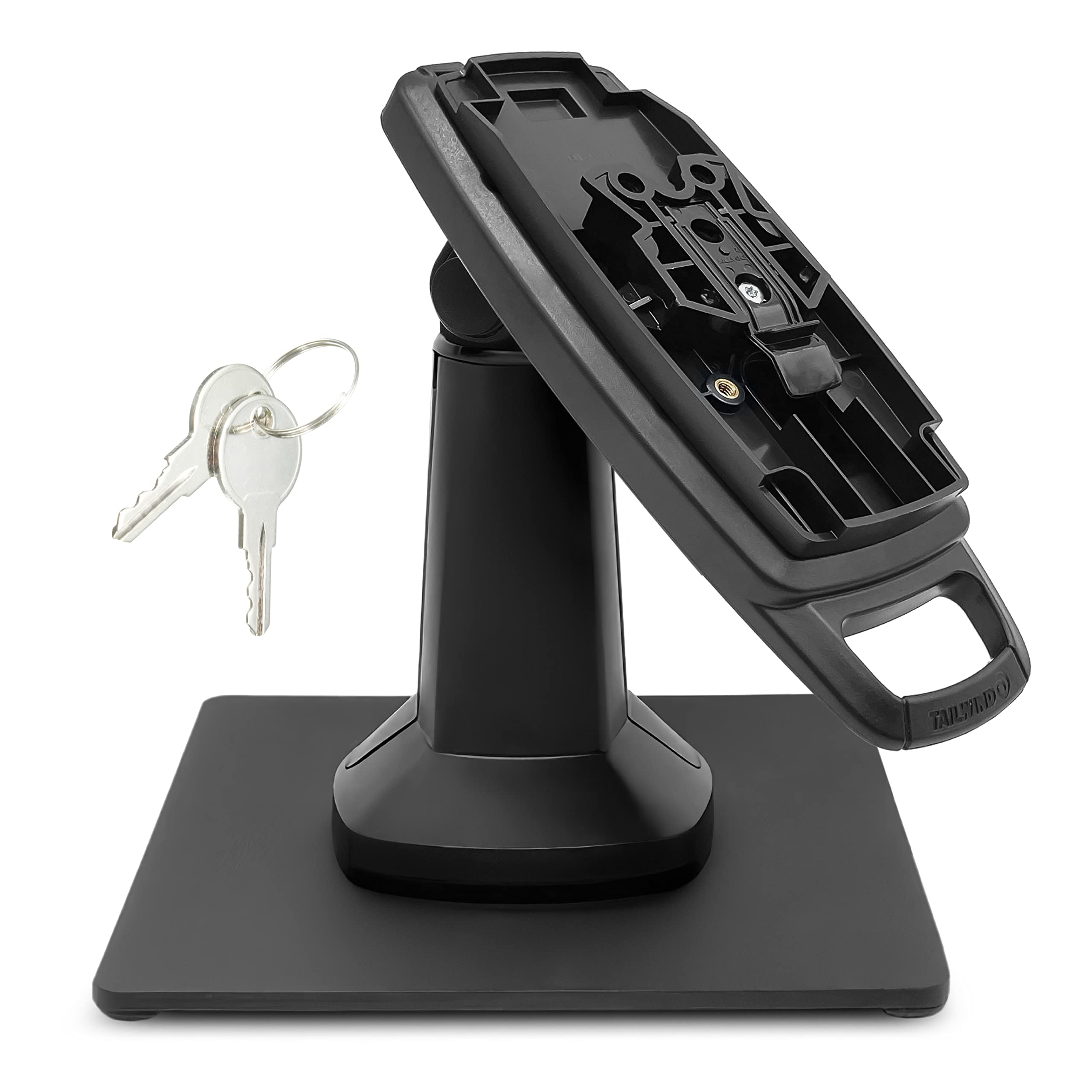 ENS Tailwind Ingenico Lane/3000/7000/8000 7" Latch and Key Lock Flexipole Plus Pole Mount Terminal Stand with Square Freestanding Mobility Base Plate, Black