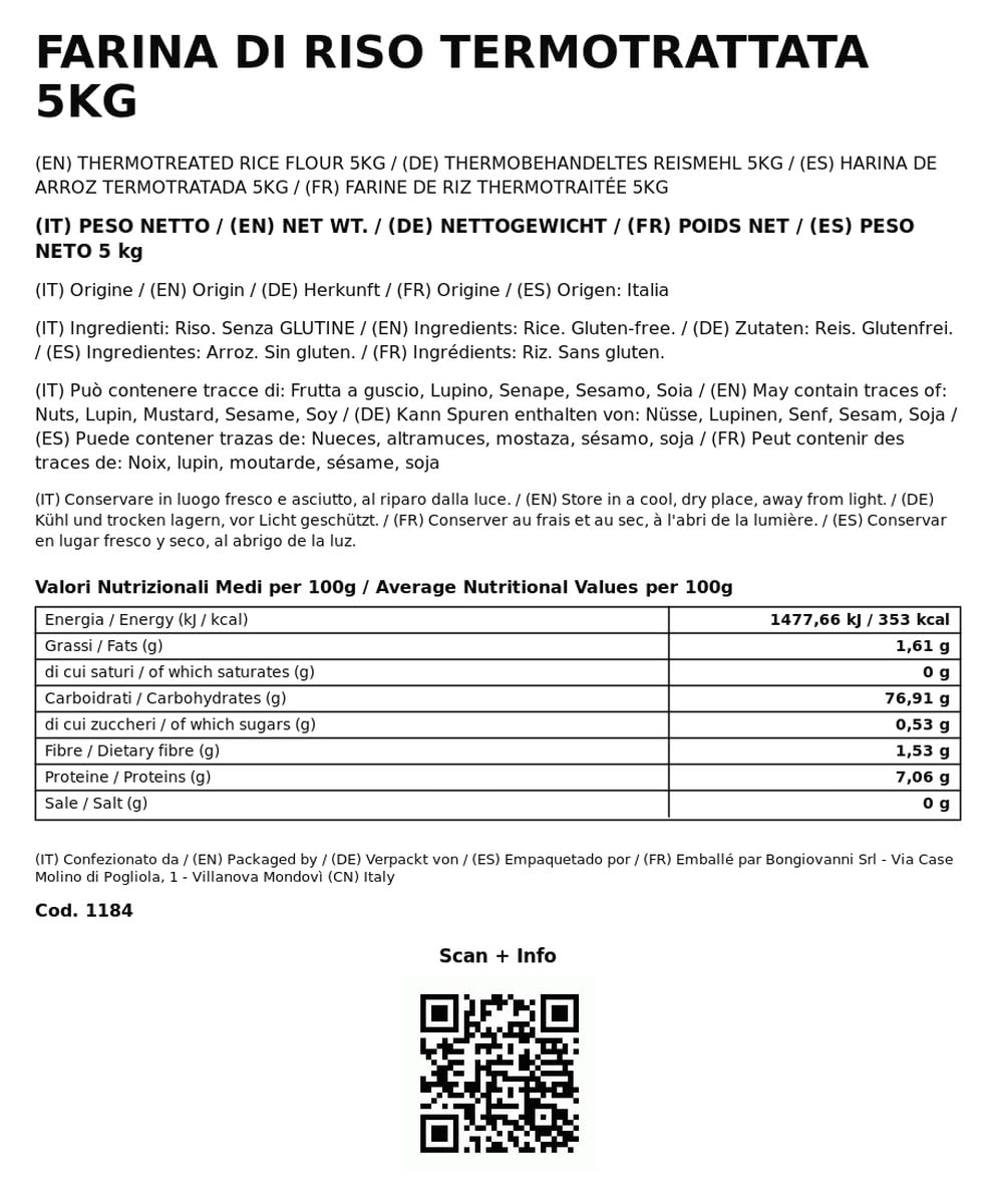 Bongiovanni Bontà Naturali Farine de Riz Traitée Thermiquement Sans Gluten Saveur Naturelle en Poudre 5 kg