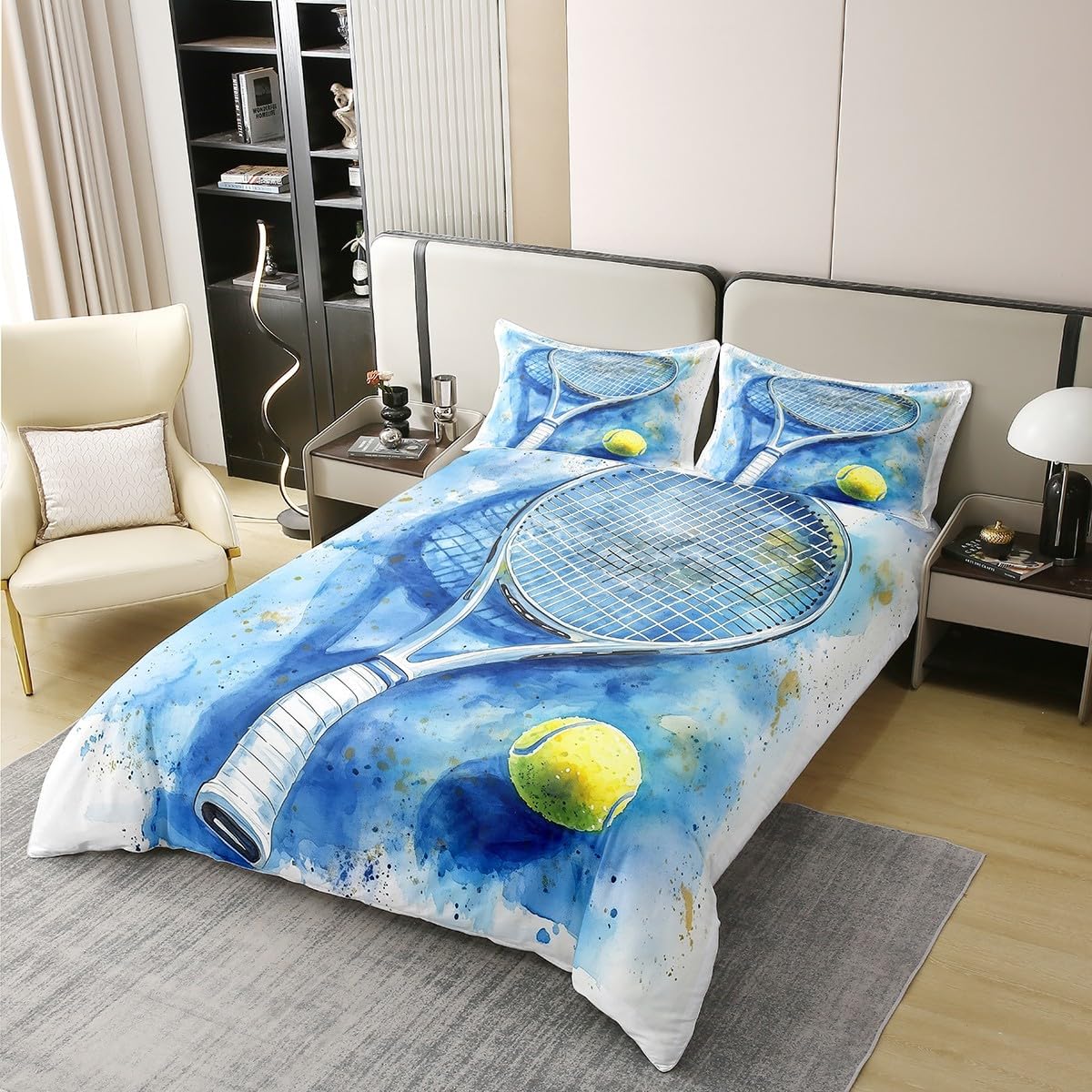 3 Pieces Sport Tennis 100% Nature Cotton Duvet Cover Not Comforter,Tennis Racket and Ball Watercolor Tie Dyed Bedding Set for Room Decor,Boys Men Sport Tennis Lover All Season Bedding Queen Size