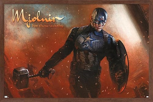 Trends International Marvel Year of The Shield-Mjolnir - Póster de pared, 22.375 x 34 pulgadas, versión con marco de caoba