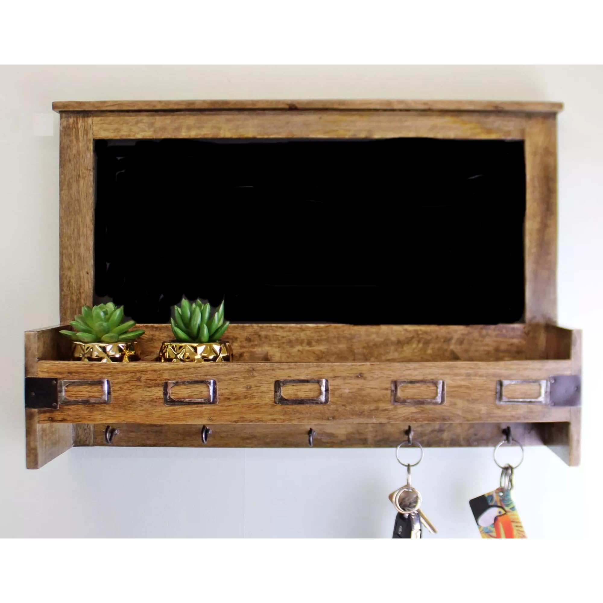 Fyne-Finds Rustic Mango Wood Blackboard with 5 Storage Slots & Key Hooks Message Board Home Useage