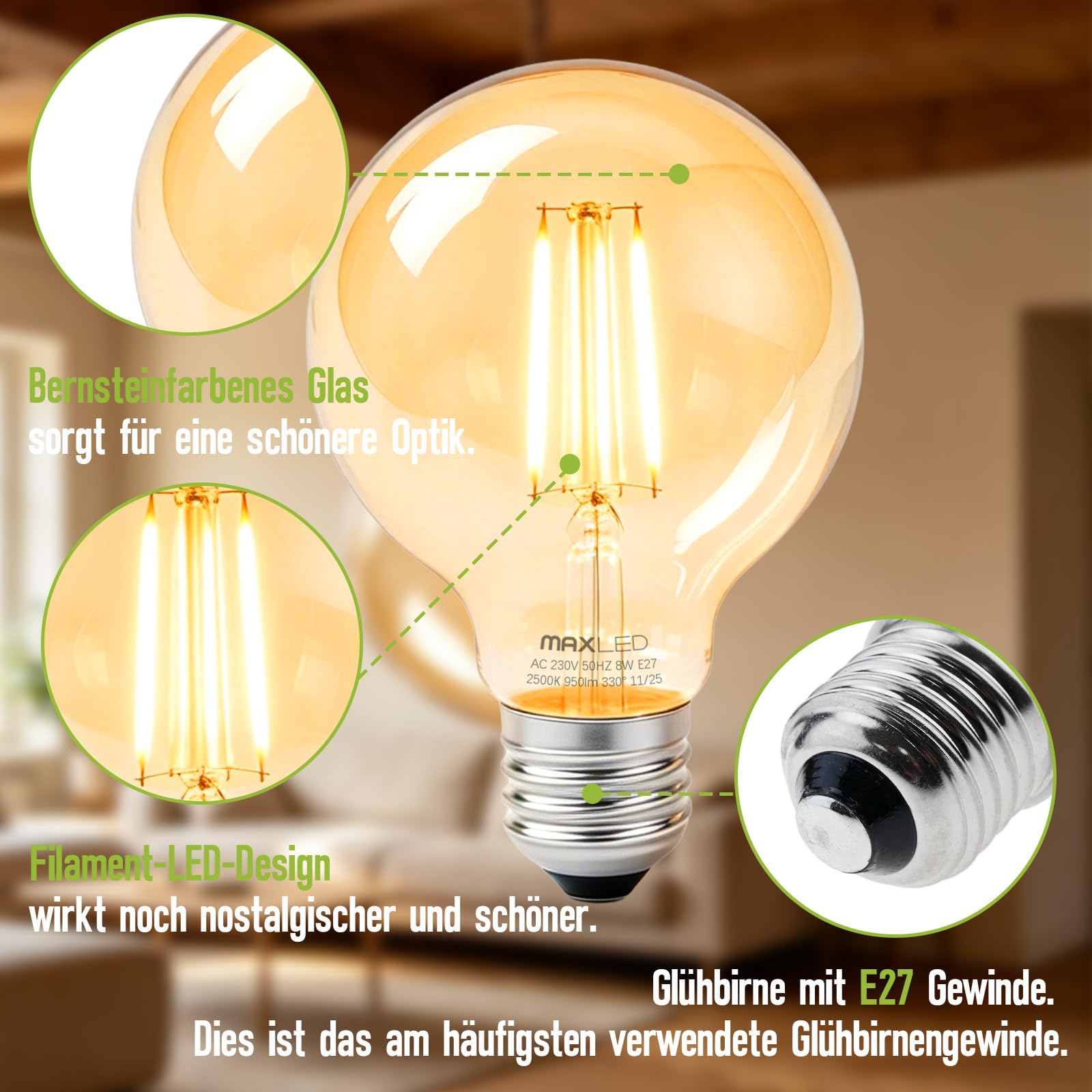 Maxled Light is Led! 2 Stuks Globe E27 G125 Vintage Edison LED Gloeidraad Gloeilamp 8W Vervangt 60W Conventionele Gloeilamp 2500K Warmwit Amber Glas 950lm Stralingshoek 330° 230V Niet Dimbaar