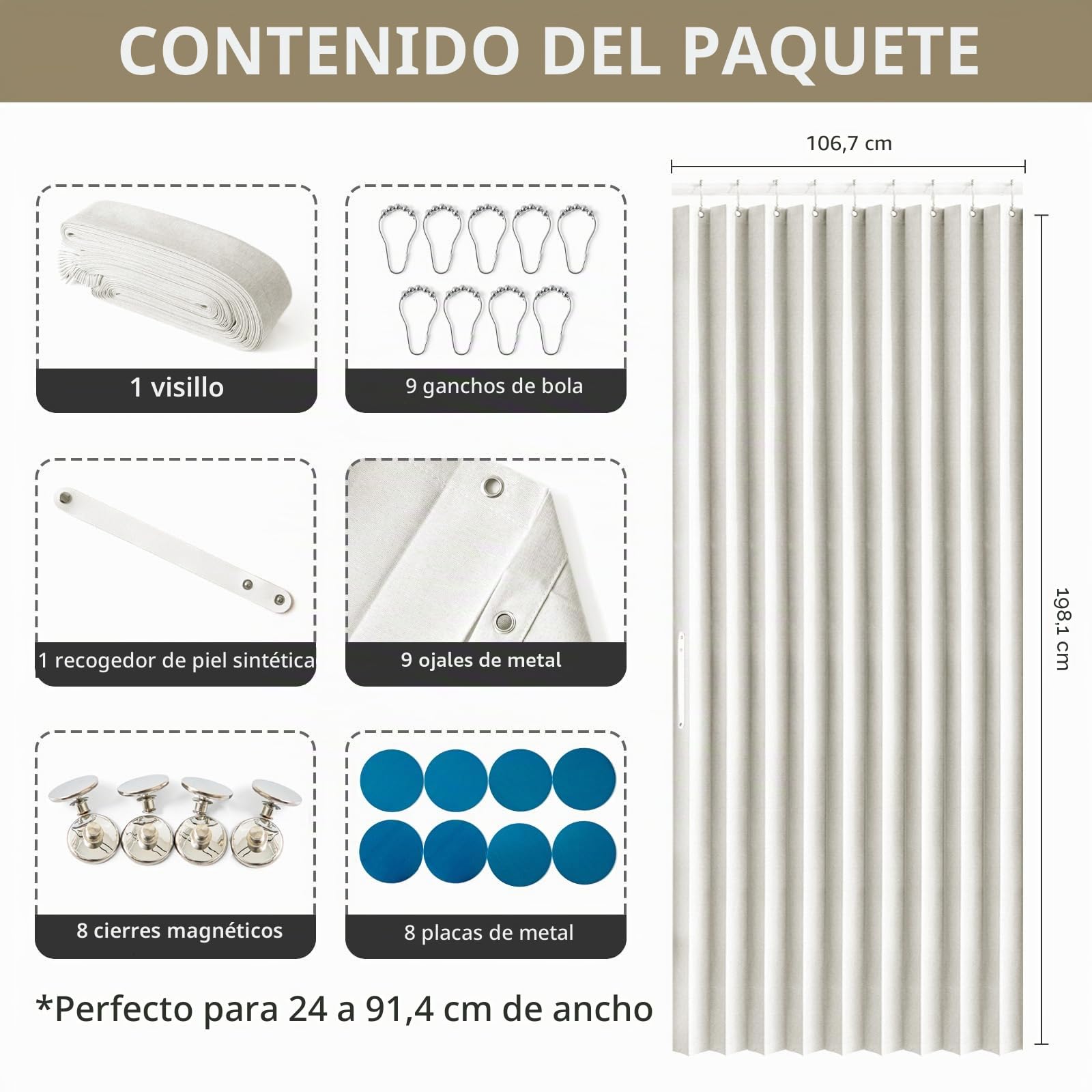 RINHARTEX Cortina magnética opaca estilo acordeón para puerta de armario, plisada, plegable, puerta de acordeón, divisor de habitación, dormitorio, baño, sala de estar (42 x 78 pulgadas, blanco crema)