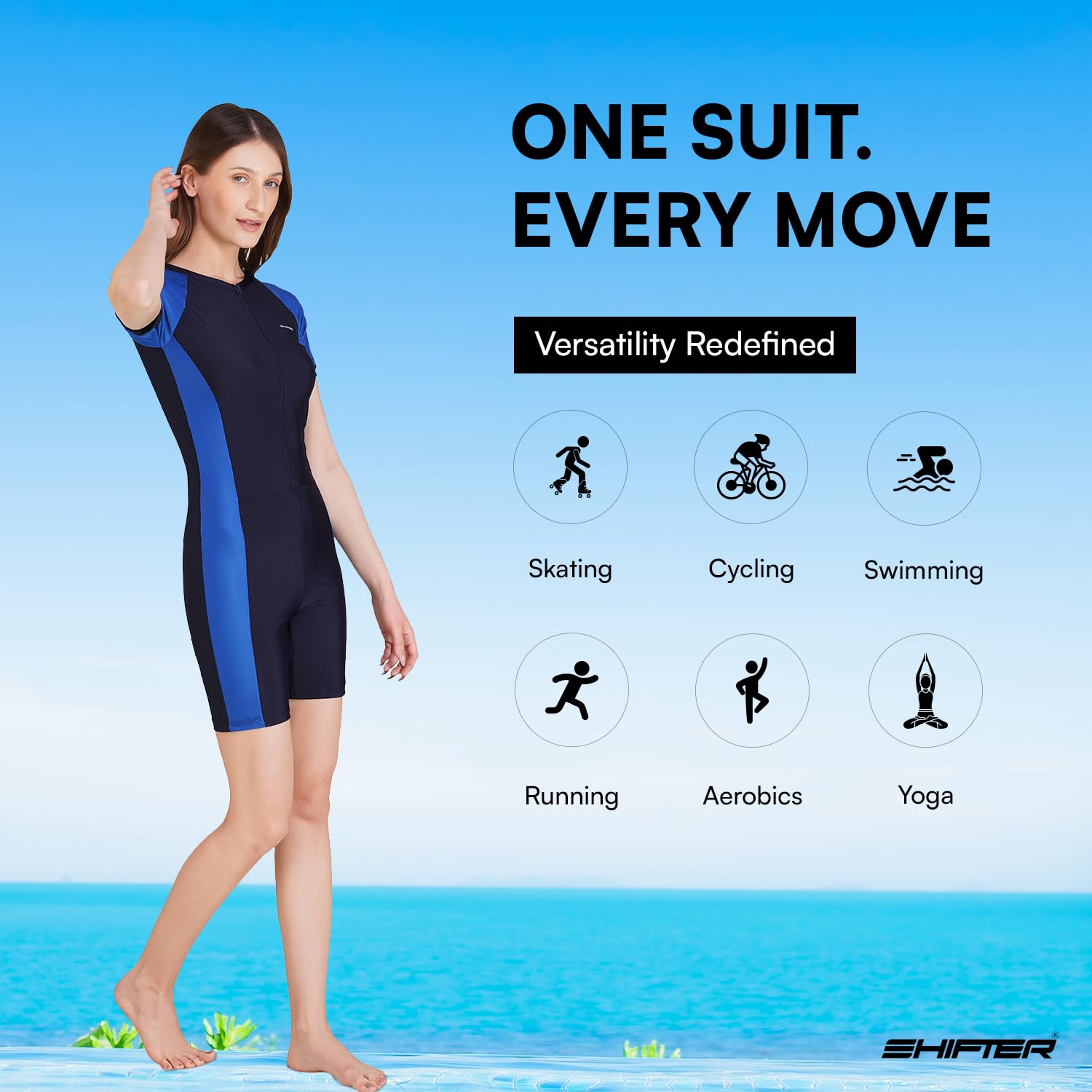 SHIFTER Unisex Skating Cycling Swimming Swim Wear for Kids and Adults Premium Stretch Fabric Multipurpose Wear Swimming I Diving I Aerobics Blue 1