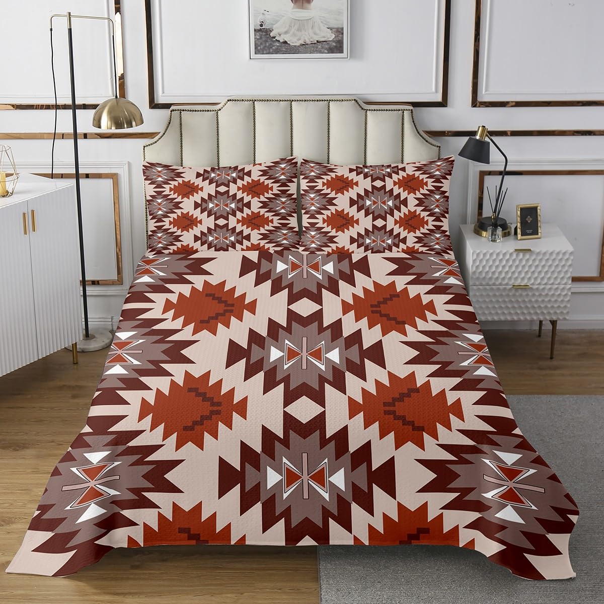 jejeloiu Southwest Native Bedspread Southwestern Geometric Bedspread for Kids Boys Girls Tribal Coverlet Set Orange Brown Quilted with 2 Pillowcases 3Pcs Bedding Queen