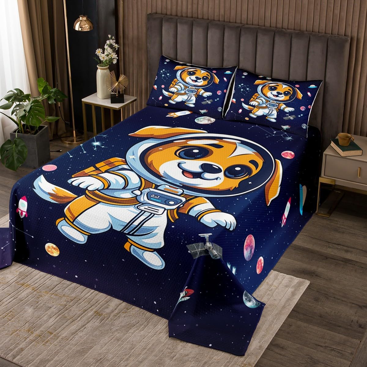 Cartoon Panda Coverlet Set Chic Astronaut Quilted Coverlet Starry Galaxy Rocket Comforter Set Bedspreads Quilt Set for Children Kids Coverlet Set,Twin Size 2 Pcs