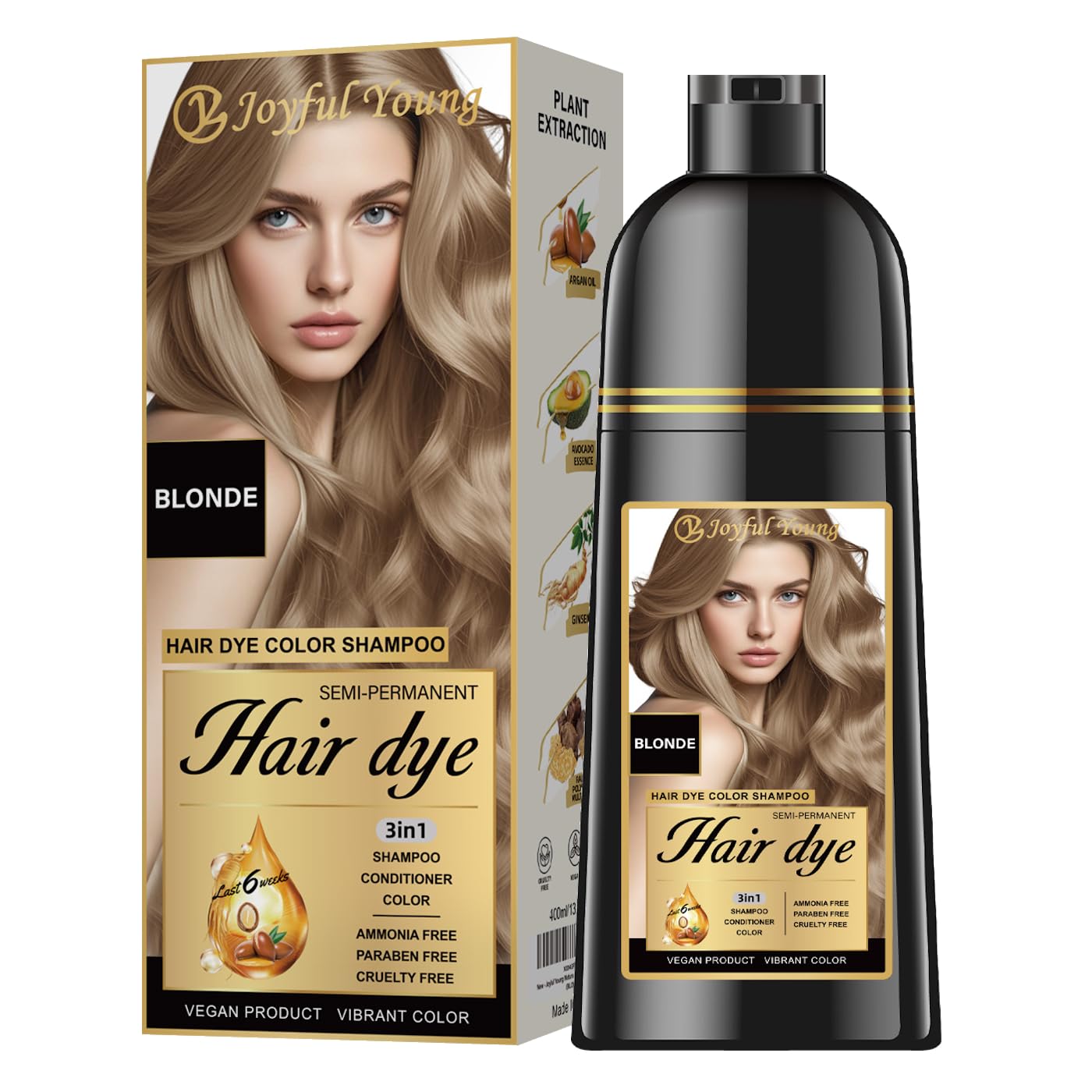Joyful Young Natural Hair Dye Shampoo 3 IN 1, Hair Color for Gray Hair Coverage, Hair Coloring Shampoo for Women, Color Shampoo Beard Dye for Men, Vegan Ammonia Free Hair Shampoo (MEDIUM BLONDE)