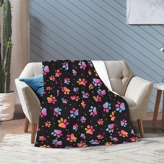 Perinsto Cute Dog Paws and Animal Footprints Throw Blanket Ultra Soft Warm All Season Decorative Fleece Blankets for Bed Chair Car Sofa Couch Bedroom 50''X40'' Dog Paws Purplish Red