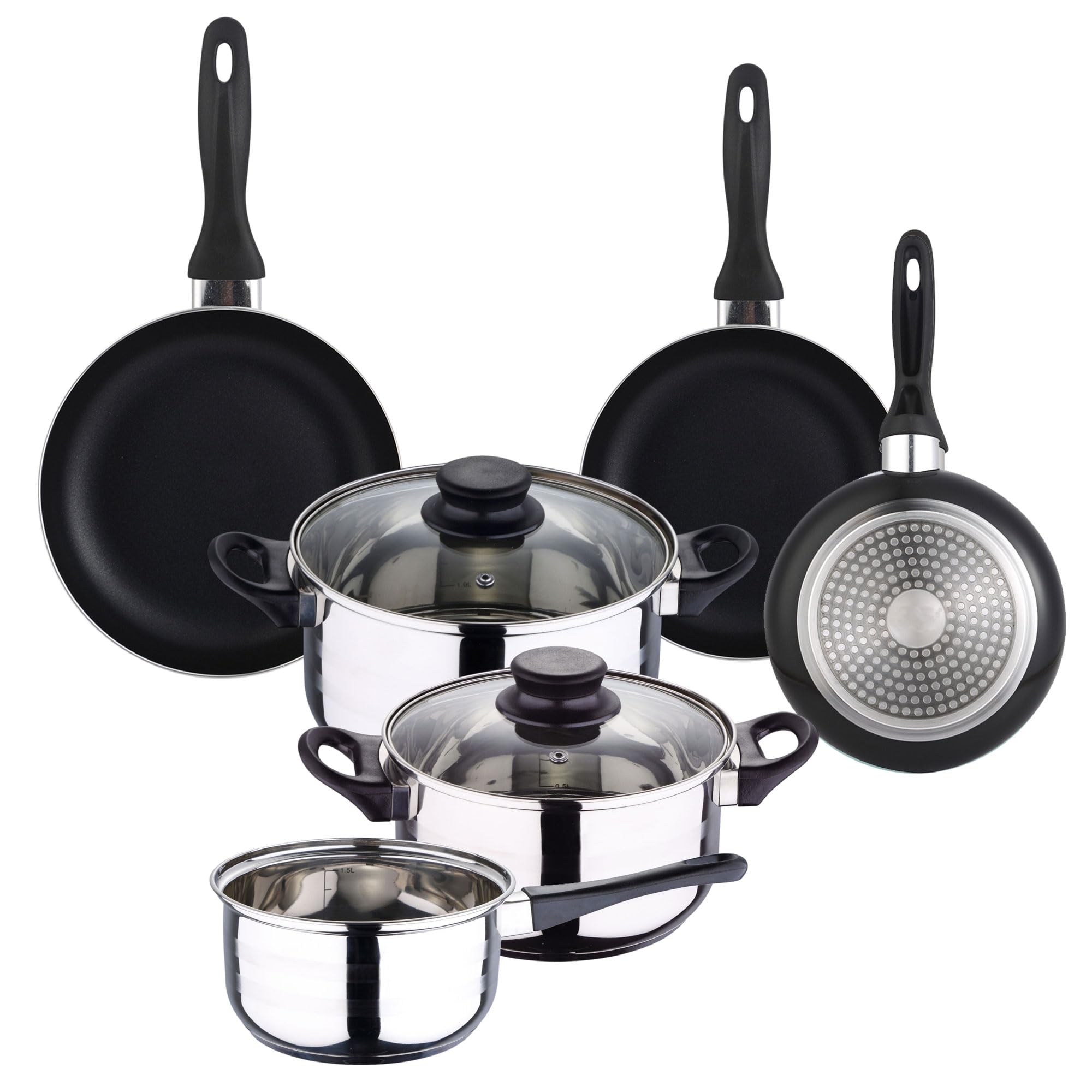 Well Home Set de Batería de cocina de 5pc en acero inoxidable + 3 Sartenes Ø16Ø20Ø24cm Negro en aluminio prensado