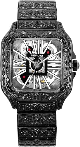 Reloj esqueleto de lujo, diseño tallado vintage en tono dorado, pantalla de números romanos, movimiento mecánico