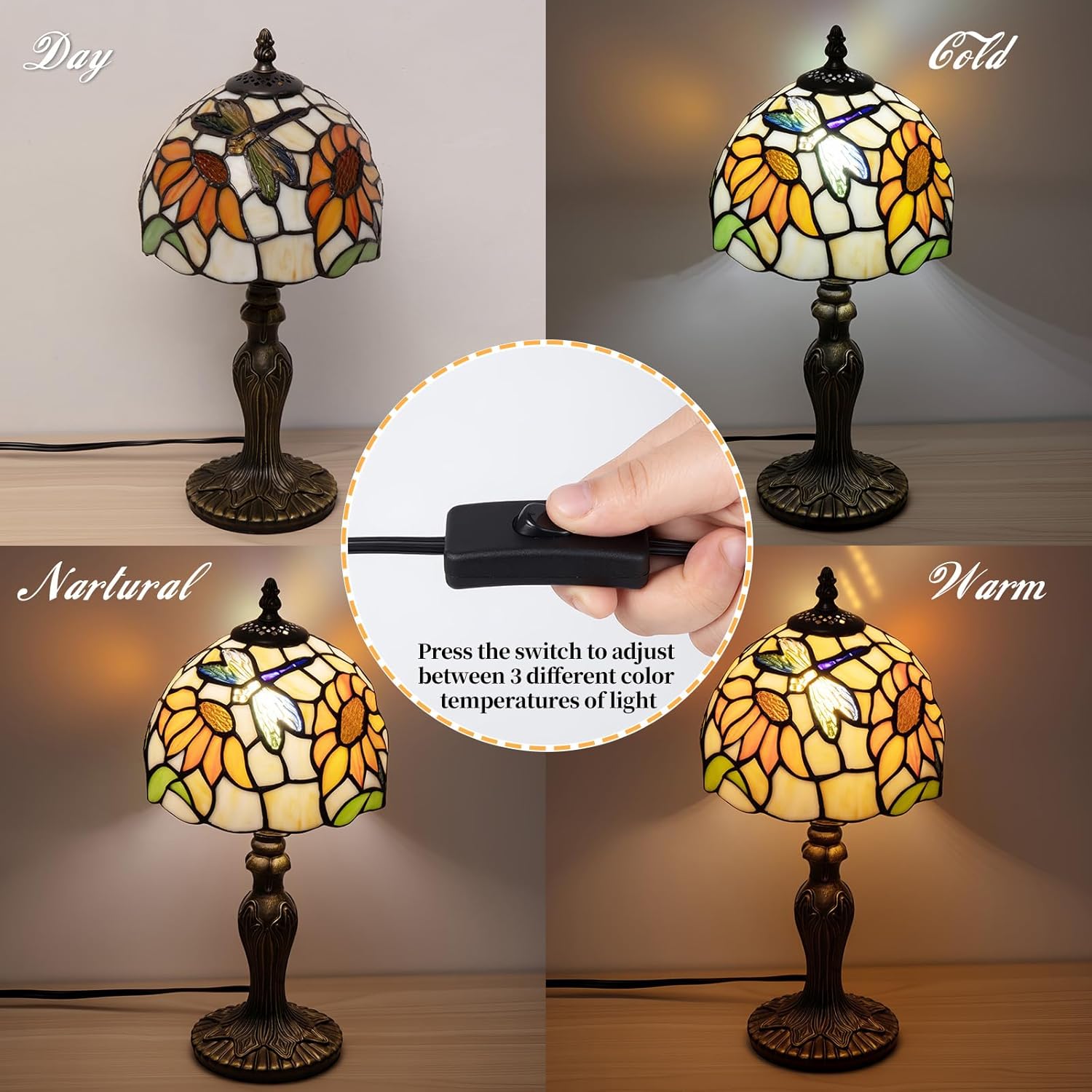 Tiffany Table Lamp,3 Color-Temperature Sunflower Stained Glass Lamp,8 Inch Tiffany Style Lamp for Bedroom Living Room Home, Handcrafted Light, Included Bulb (Yellow Sunflower)