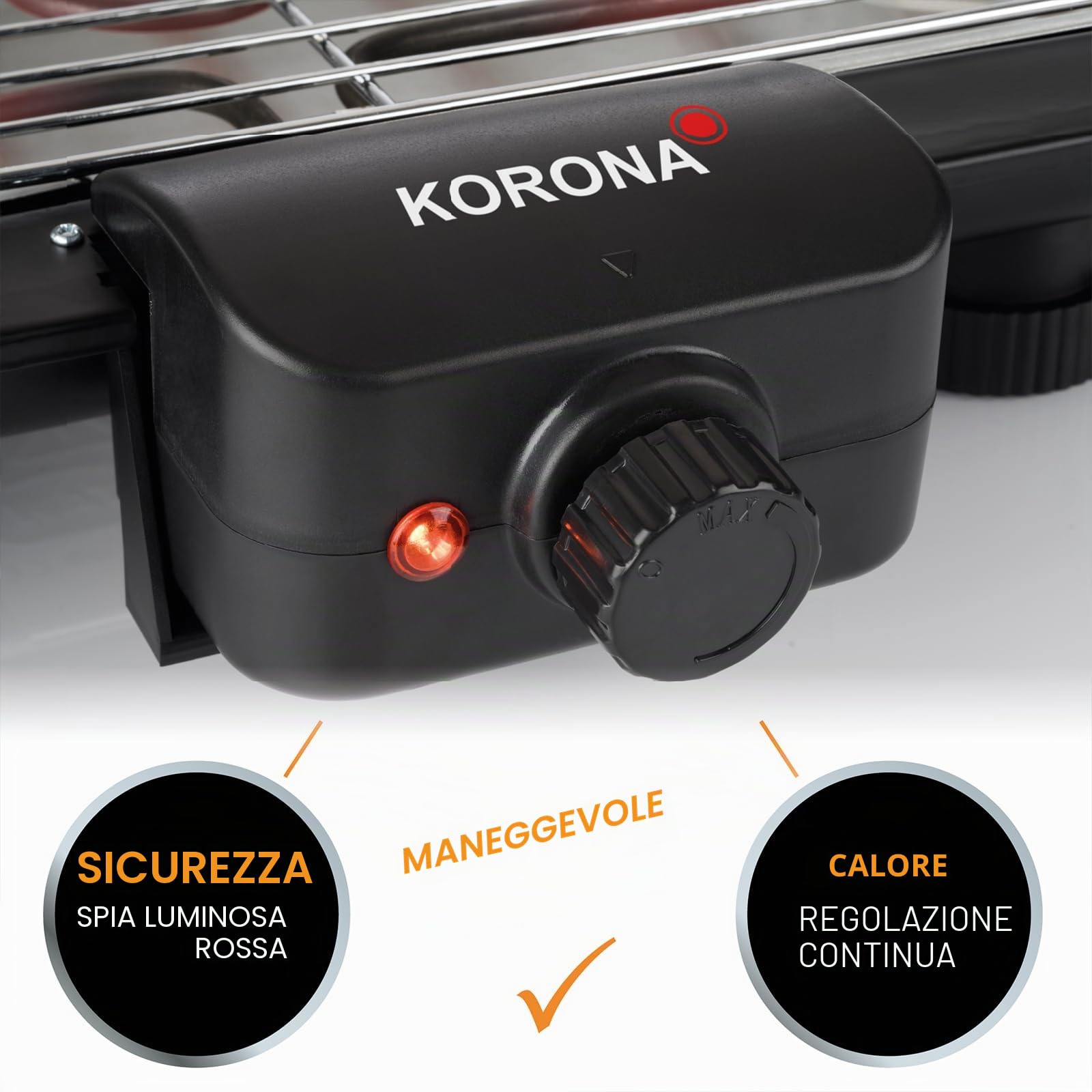 Korona 46221 - Barbecue elettrico con griglia XXL (51 x 30 cm), 2200 Watt, antivento, spia di controllo, interruttore di sicurezza, regolazione continua della temperatura