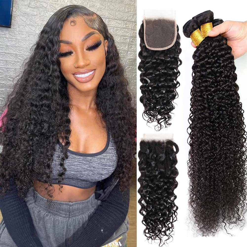 Water Wave Human Hair Bundles with Closure Wet and Wavy Bundles with Lace Closure Free Part (10 12 14+10) Unprocessed 10A Curly Wave Bundles Human Hair with 4x4 Lace Closure Natural Black Color