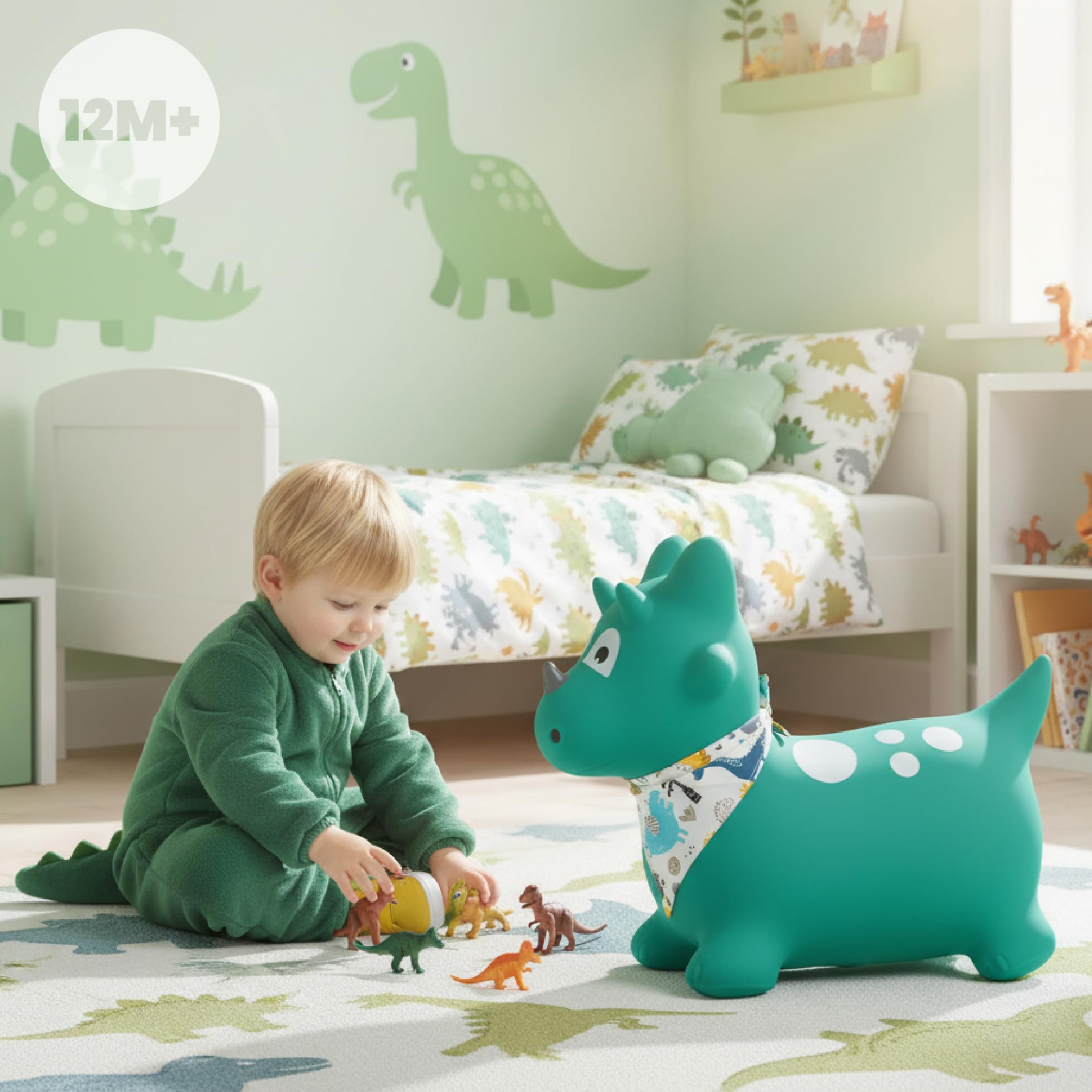 sun baby Animale Gonfiabile Che Salta, Giocattolo di 1 Anno, Saltarello per Bambini, Design ergonomico, Cavallo Giocattolo, Pompa Manuale Inclusa (Dino Verde con Bandana)