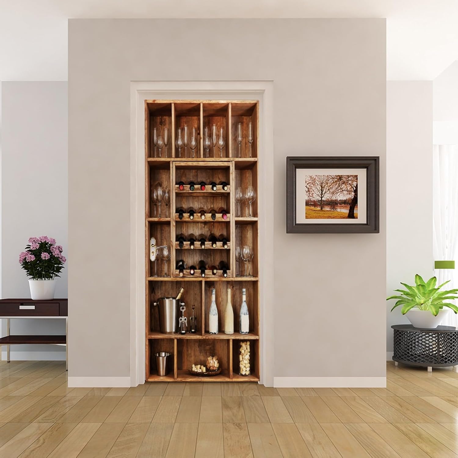 A.Monamour 3D Door Stickers for Interior Doors Wine Bottles with Glasses On Wooden Shelf in The Wall Vinyl Waterproof Self Adhesive Door Mural Decals for Bedroom Office Bathroom 85 x 200cm