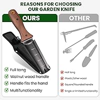 Vista 7 de Hori Hori Garden Knife, Garden Tools with Sheath, 6" Stainless Steel Blade with Cutting Edge, Full-Tang Walnut Ergonomic Wood Handle with Hanging