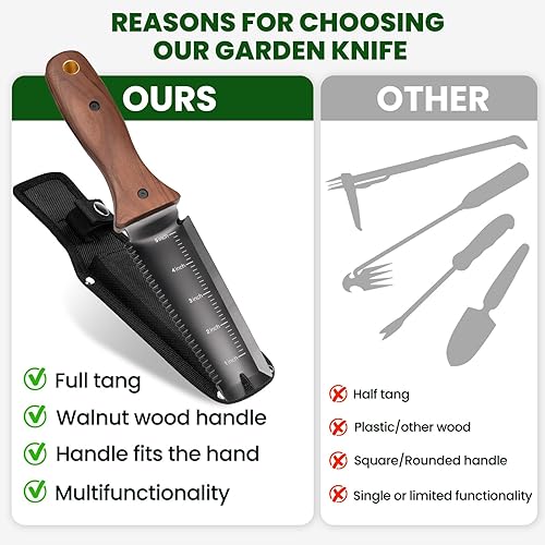 Miniatura 7 de Hori Hori - Cuchillo de jardín, herramientas de jardín con funda, hoja de acero inoxidable de 6 pulgadas con borde de corte, mango ergonómico de