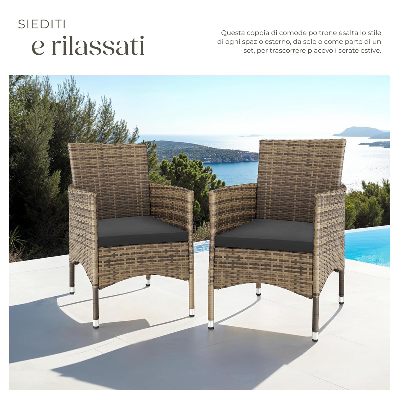 tectake® Set di 2 Sedie da Giardino in Poly Rattan di Alta Qualità, 4 Rivestimenti di Ricambio, Design Moderno con Morbidi Rivestimenti Beige e Grigio, Imbottiture Rimovibili - Naturale/Grigio Scuro