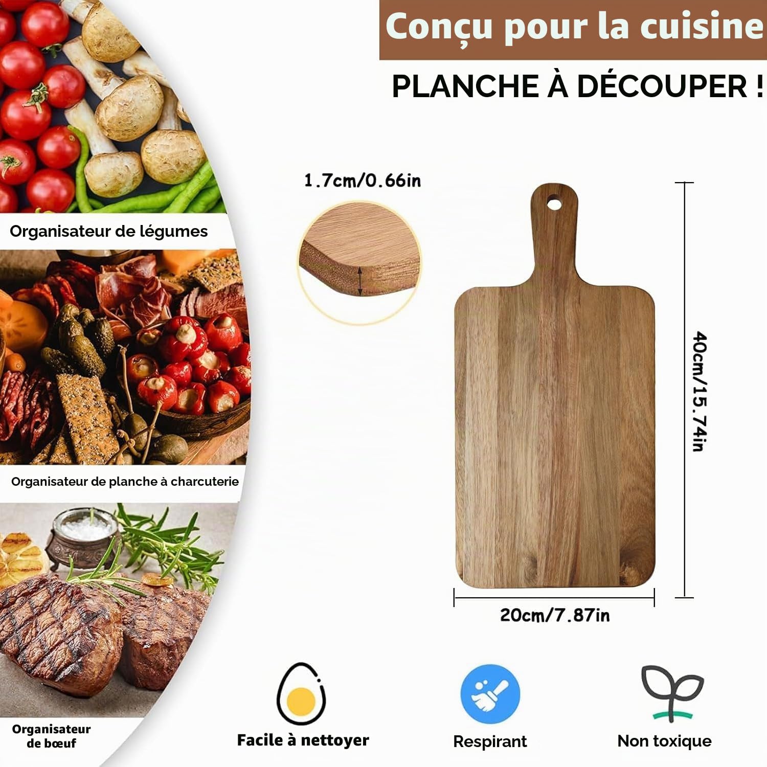 Lot de 5 planches à découper en bois d'acacia avec poignée - Planches à découper en bois pour viande, pain, fruits, fromage - Planche de service, planche à charcuterie, blocs de découpe - 7,8x15,7 pou