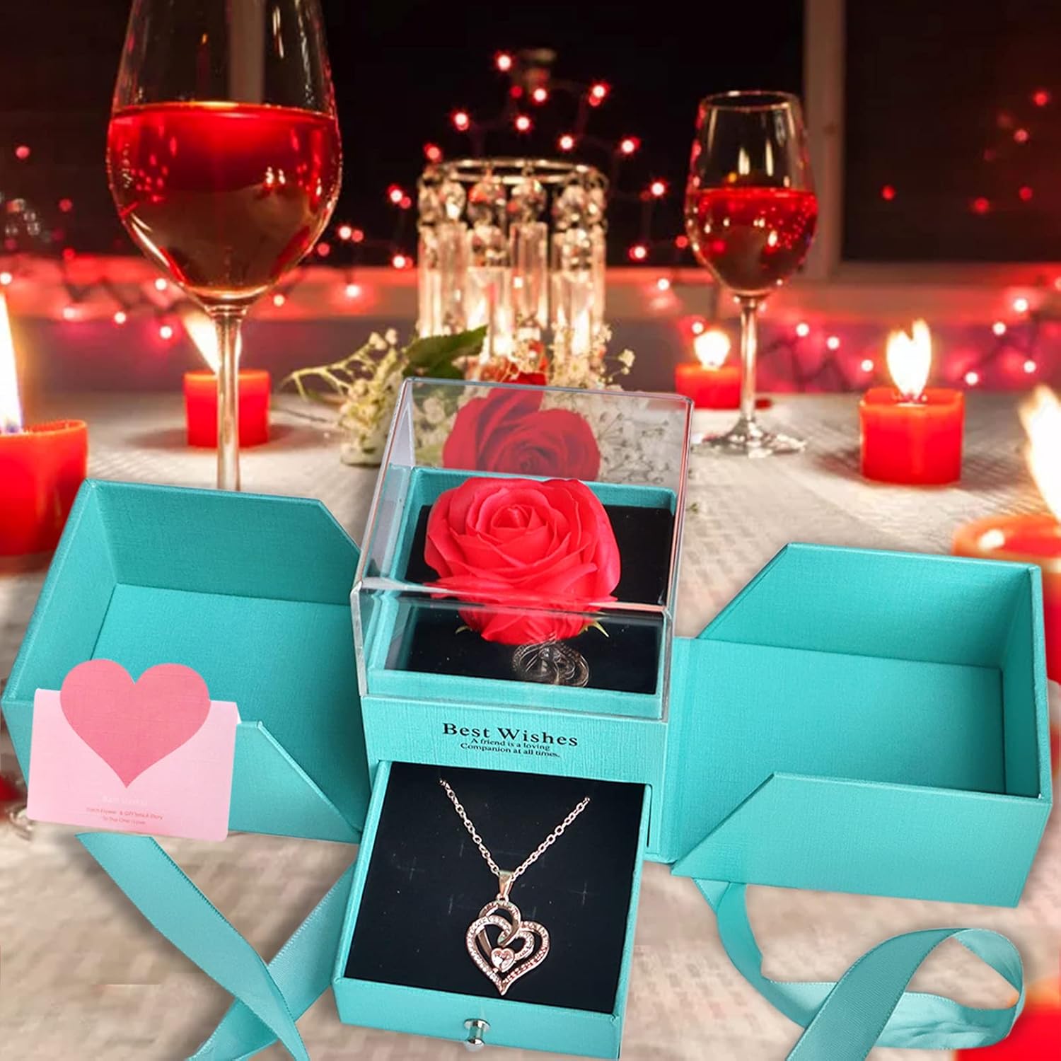 Mom Gifts, Preserved Rose Box with Heart Necklace,Gift Box and Cards, Gifts Ideas for Her, Gift Card Eternal Flowers for Mothers Day, Valentines, Birthday, Anniversary