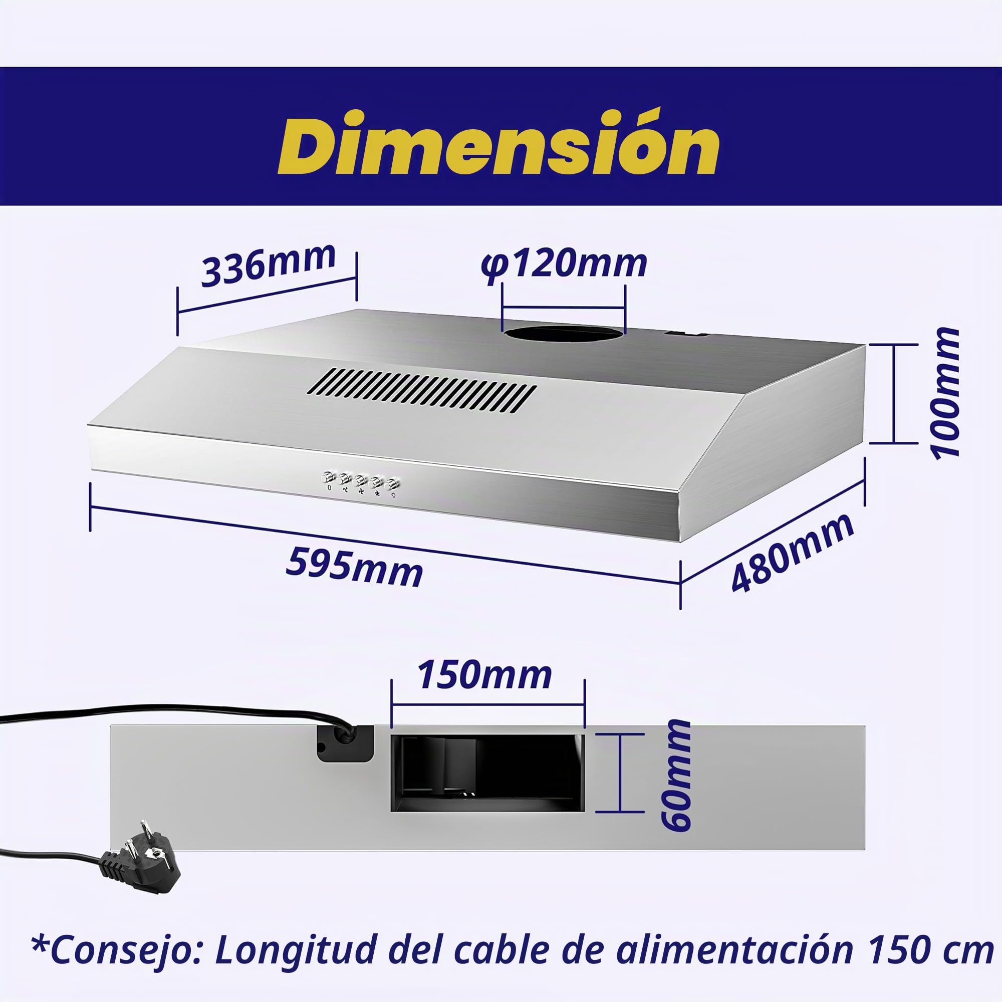 FIREGAS campana extractora 60 cm, con motor sin escobillas, 3 velocidades, 250 m³/h, iluminación LED, filtro de carbón incluido, evacuación y reciclaje, acero inoxidable