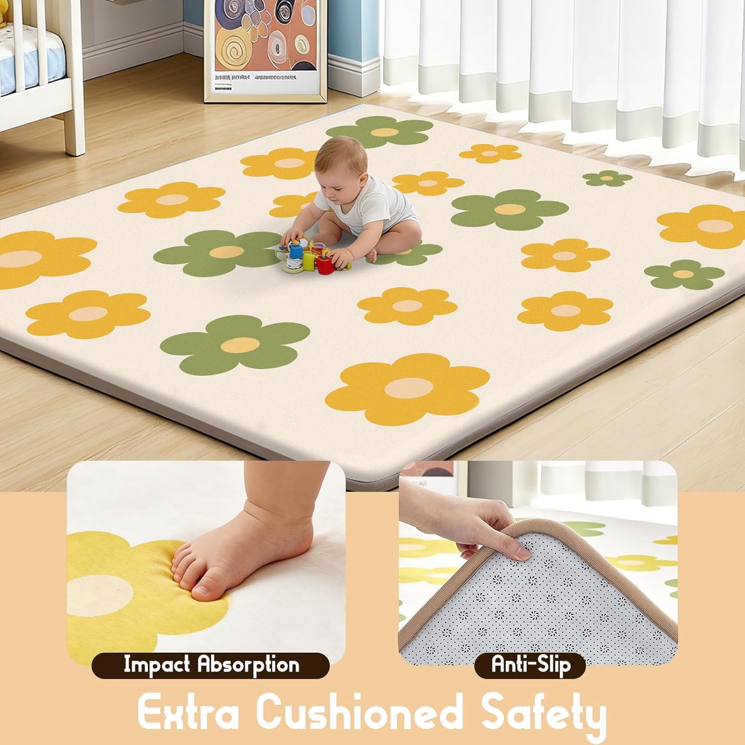 Baby Play Mat for Floor, 1.3-Inch Thickened Foam Soft Padded Playmat for Tummy Time, 50x50 Water-Repellent Coral Velvet Playpen Mat for Toddlers Infant Kids, Floral Prints