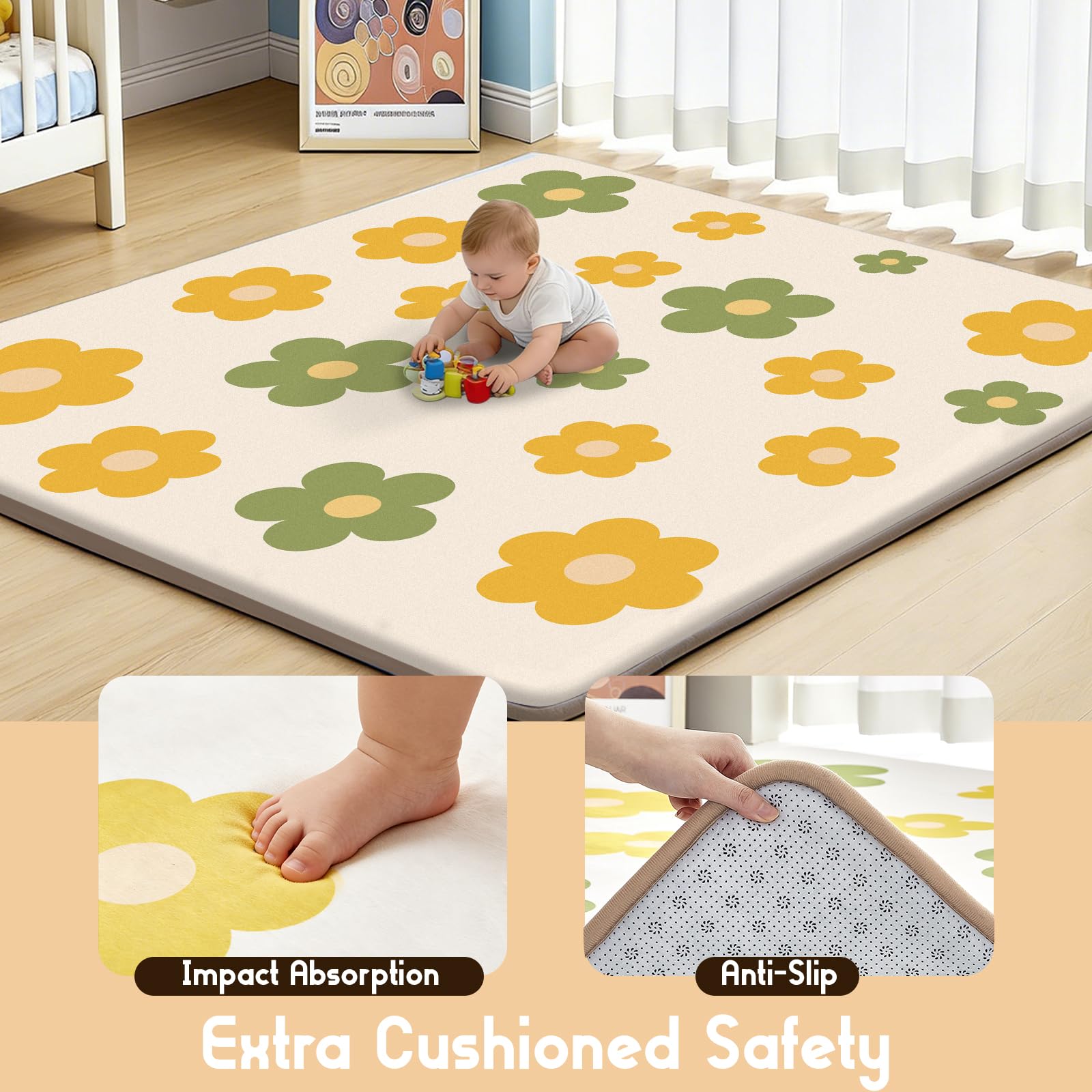 Baby-Spielmatte für den Boden, 3,3 cm dicker Schaumstoff, weich gepolsterte Spielmatte für Bauchzeit, 150 x 200 cm, wasserabweisend, Korallensamt, Laufgittermatte für Kleinkinder, Kleinkinder