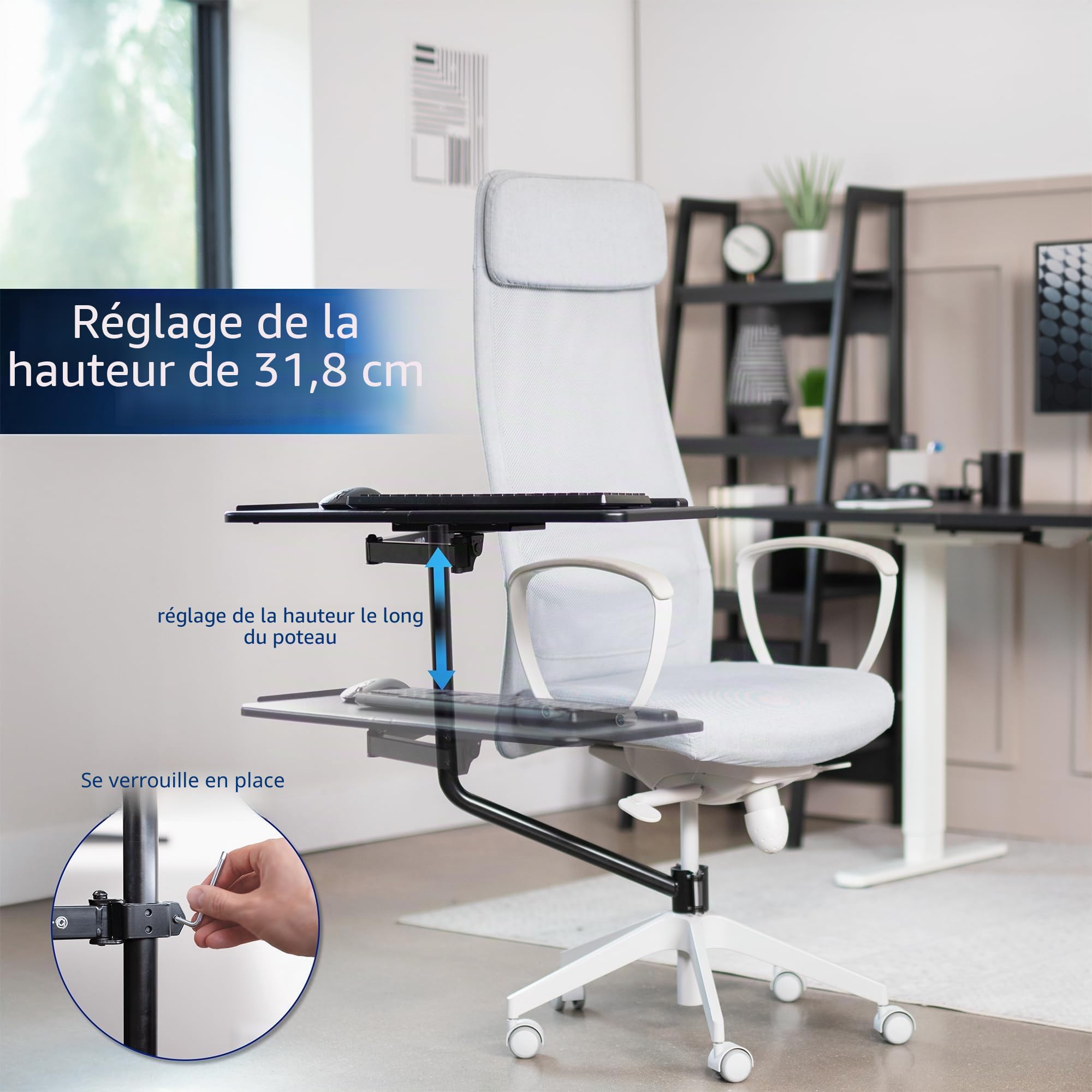 VIVO MOUNT-KB08C Plateau pour clavier et souris monté sur chaise de bureau 66 x 30,5 cm, inclinaison ergonomique, mouvement complet, rotation à 360 degrés, noir