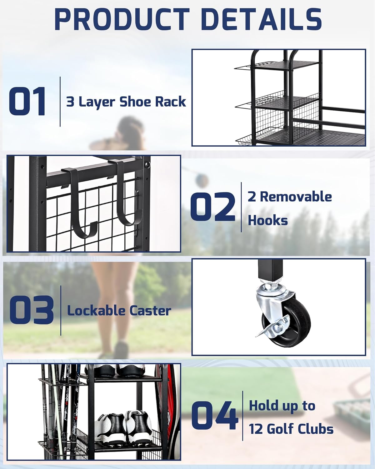 Golf Bag Storage Organizer Rack for Garage, Golf Bag Stand with Rolling Wheels, Heavy-Duty Metal Golf Equipment Organizer for Home, Garage, Clubhouse