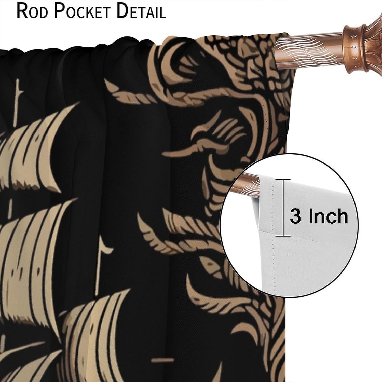 Vintage Boat Blackout Curtains, Medieval Art Hand Drawn Sailing Boat Dolphin Sea Wave, Thermal Insulation Rod Pocket Window Treatments for Living Room Bedroom 42" W X 45" L